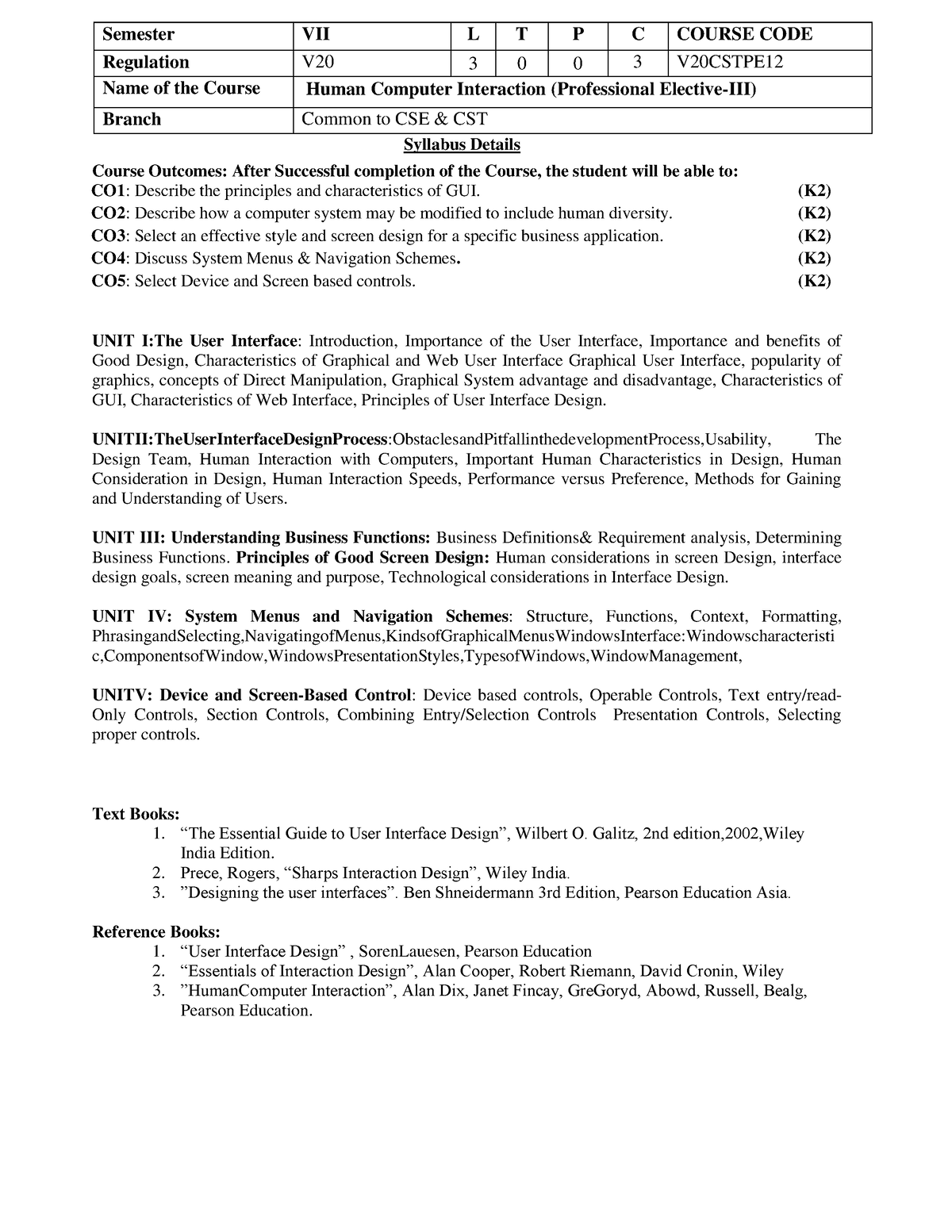 B.Tech(CSE) And B.Tech(CST)- V20 Regulation Syllabus - Semester VII L T ...