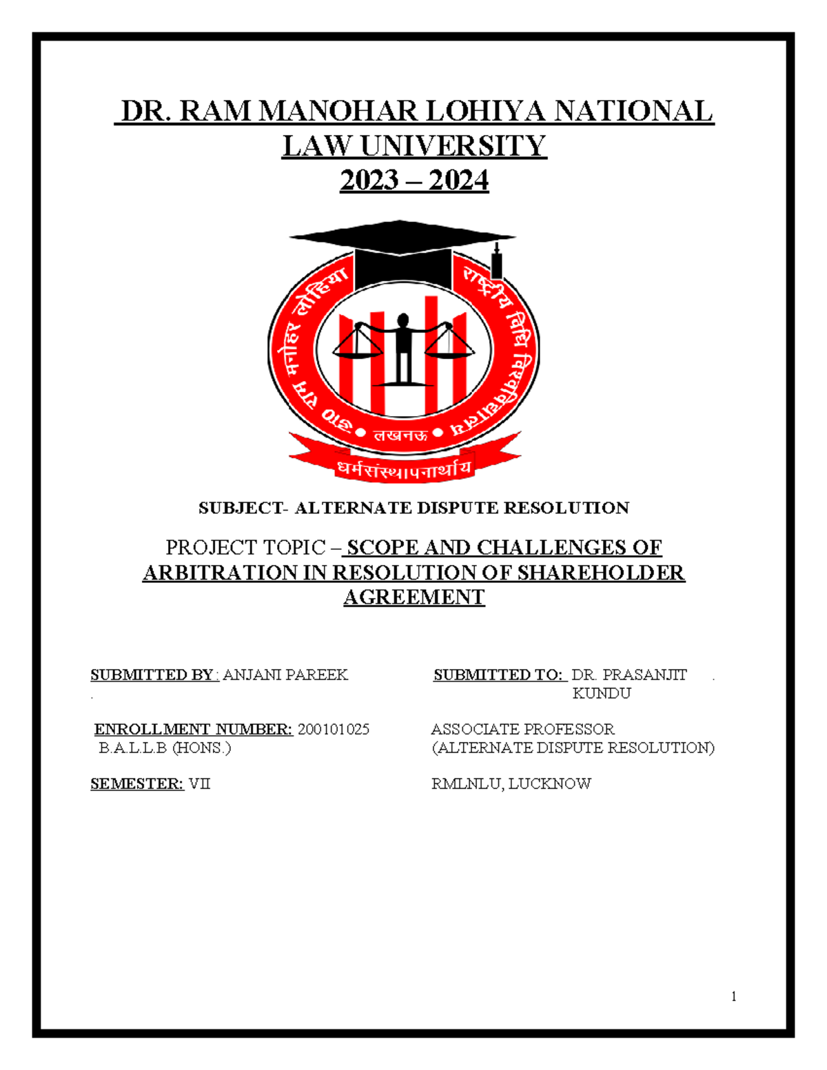 ADR Project Progress - DR. RAM MANOHAR LOHIYA NATIONAL LAW UNIVERSITY ...