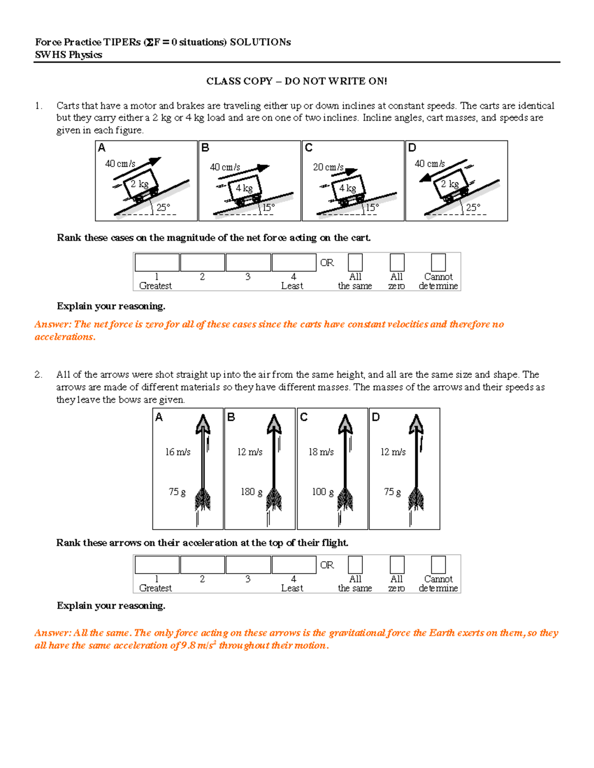 Force Practice Tipers Solutions - Force Practice TIPERs (ΣF = 0 ...