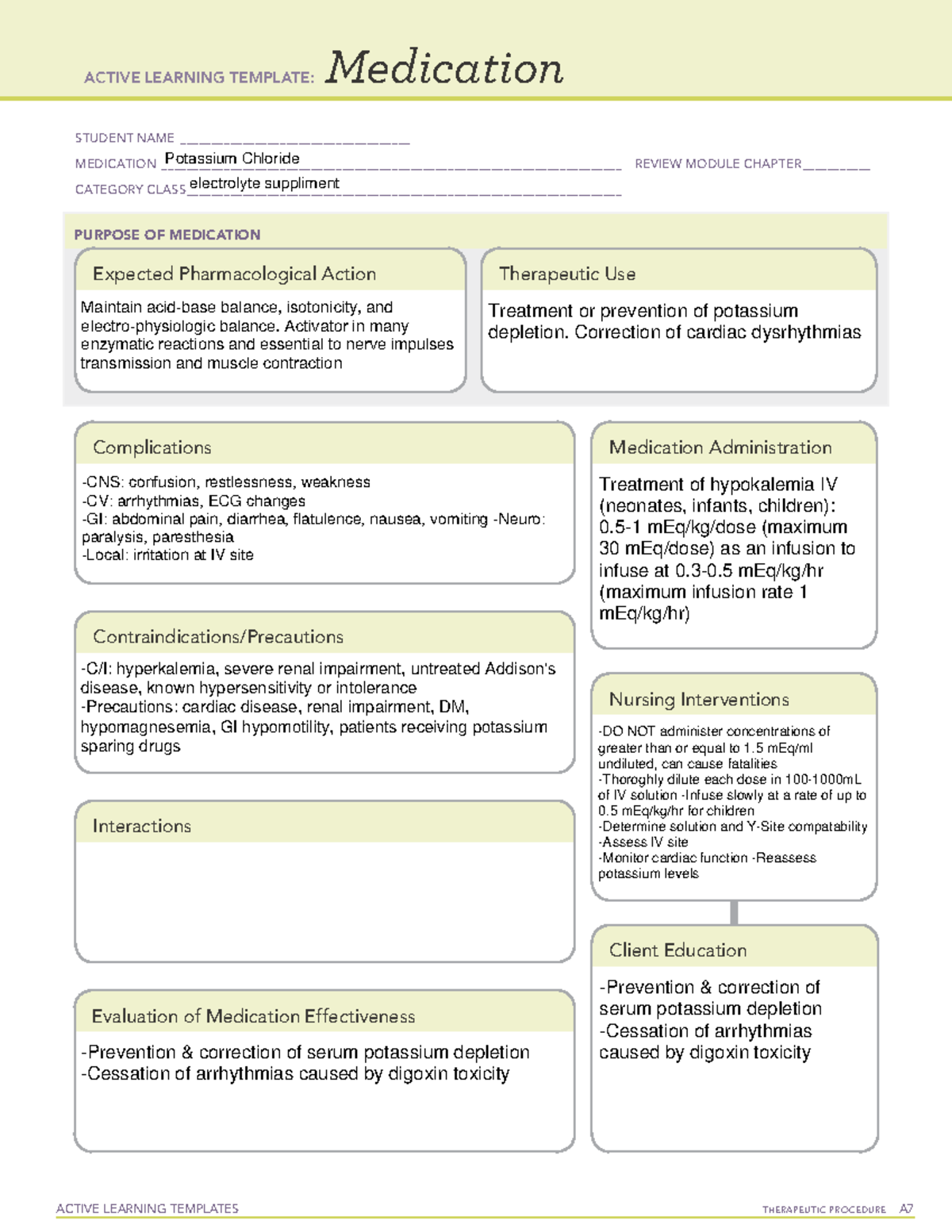 Medication Potassium Chl - ACTIVE LEARNING TEMPLATES THERAPEUTIC ...