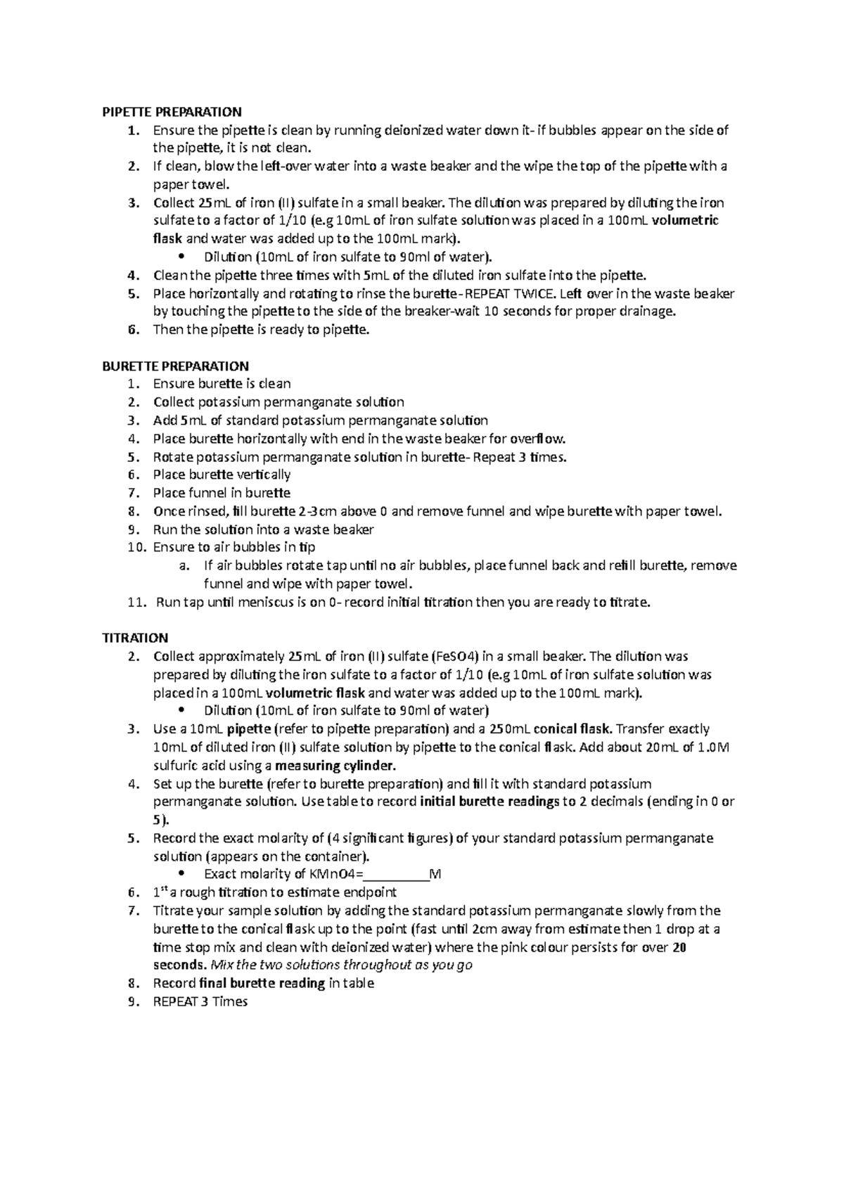 Practical Skills Assessment PIPETTE PREPARATION 1. Ensure the pipette