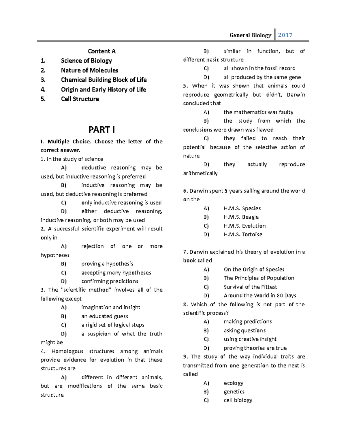General Biology (PART 1-5) - Content A 1. Science of Biology 2. Nature ...