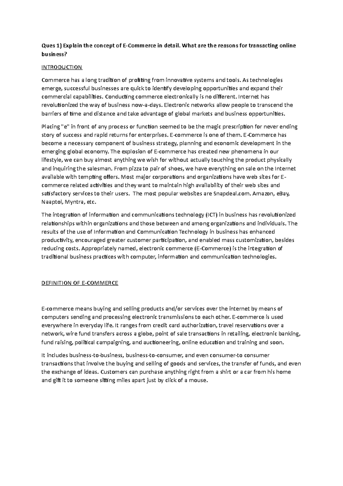 E- Commerce Assignment BY SABA Arora - Ques 1) Explain the concept of E ...