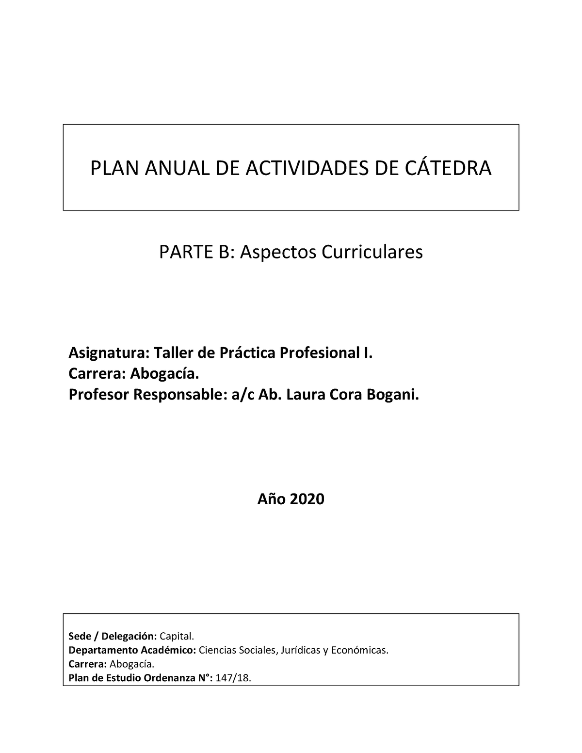 Plan Anual De Actividades. 2020 - PLAN ANUAL DE ACTIVIDADES DE C¡TEDRA ...