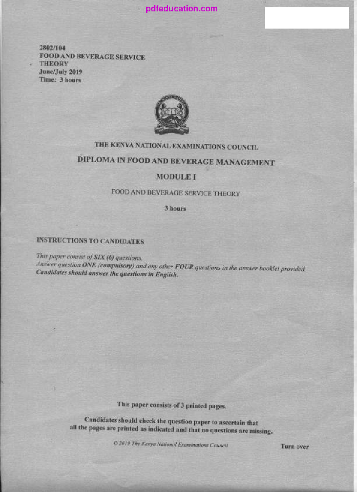 Food and Beverage Service Theory KNEC Past Papers 2019 july