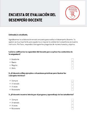 Hoja de Trabajo Imprimible Encuesta de Evaluación del Desempeño Docente ...