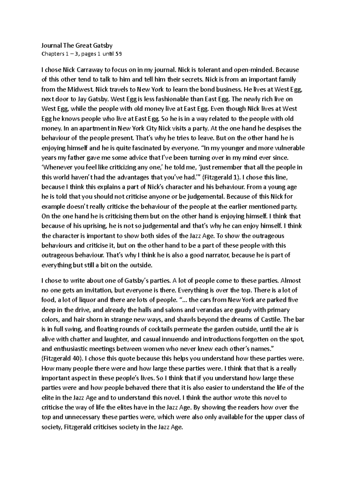 Journal The Great Gatsby deel 1 - Journal The Great Gats Chapters 1 3 ...