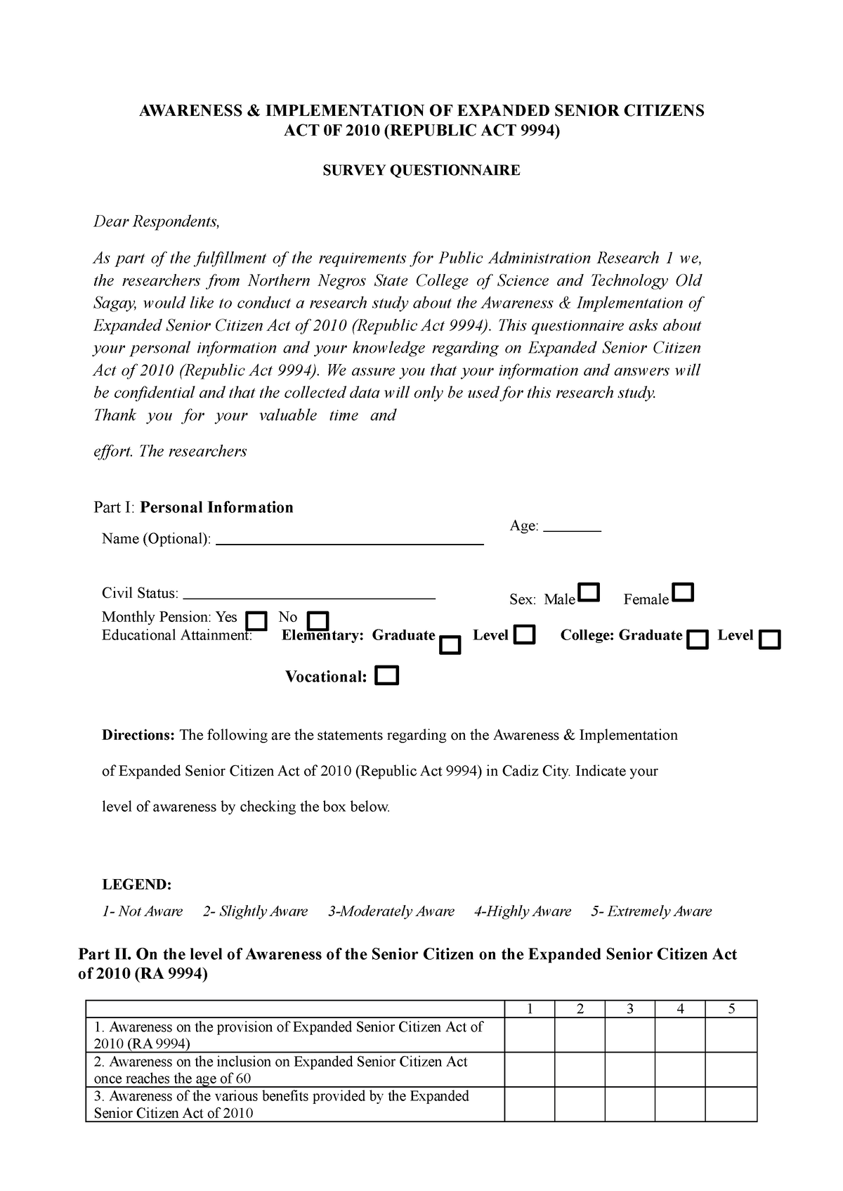 RA-9994- Servey- Questionnaire - AWARENESS & IMPLEMENTATION OF EXPANDED ...