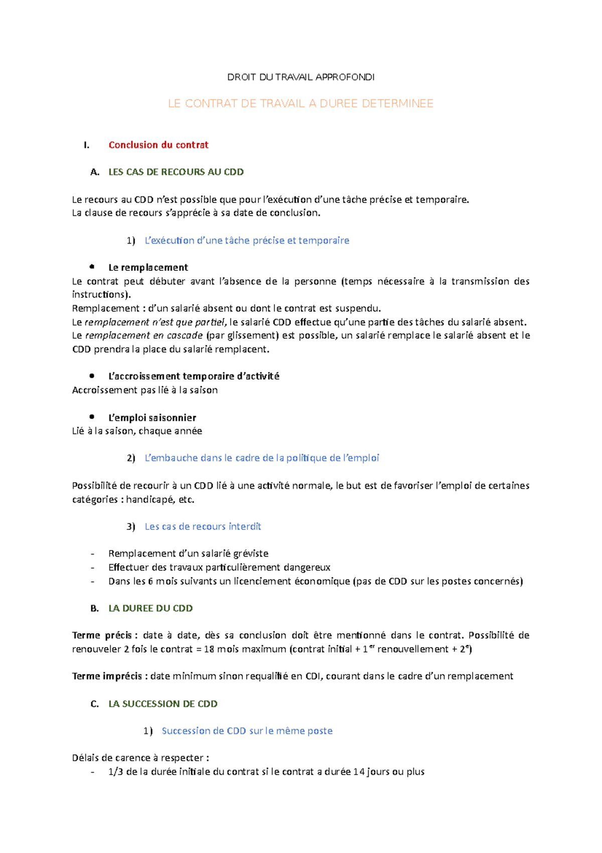 Droit DU Travail - DROIT DU TRAVAIL APPROFONDI LE CONTRAT DE TRAVAIL A ...