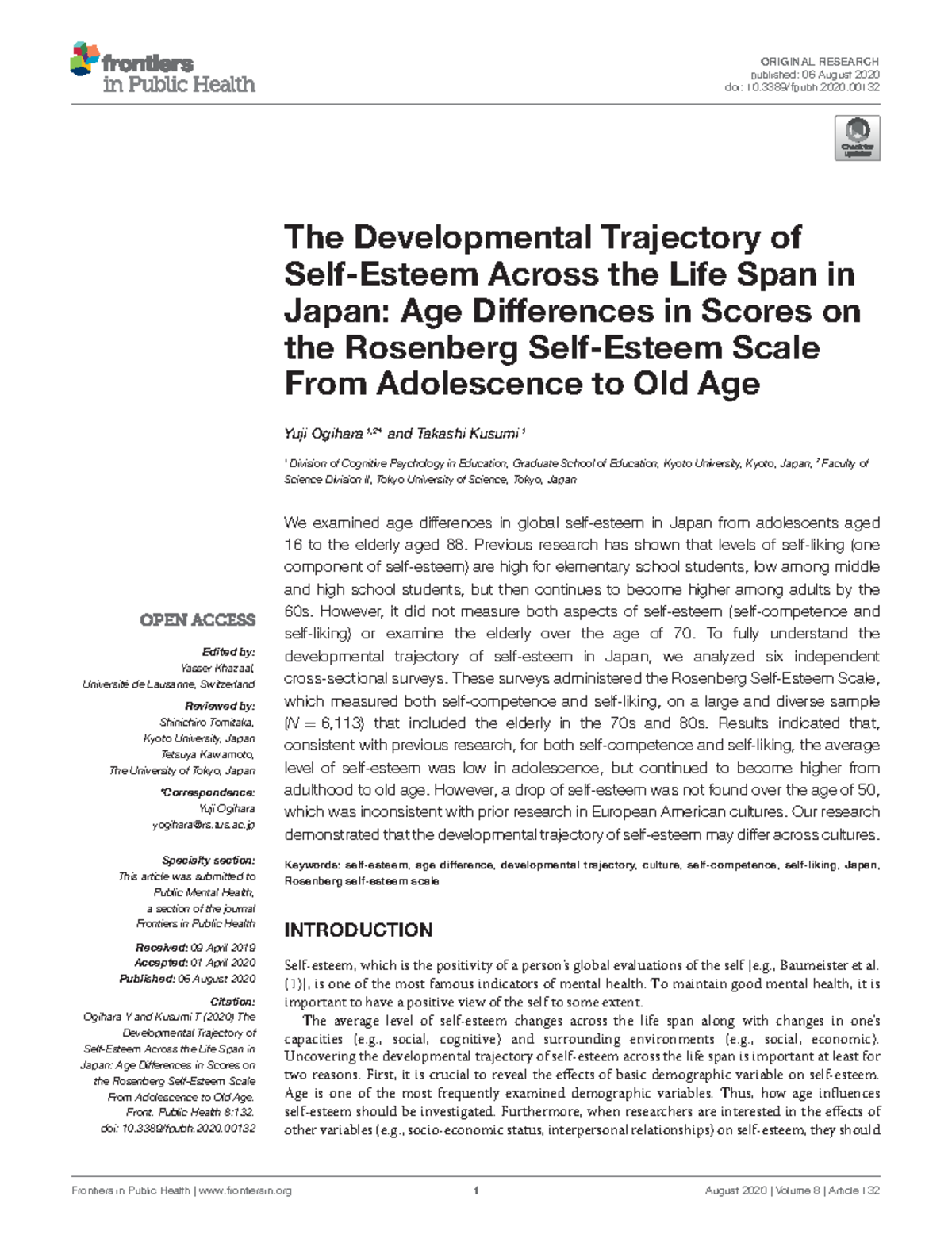 Japanese selfesteem Journal article ORIGINAL RESEARCH published
