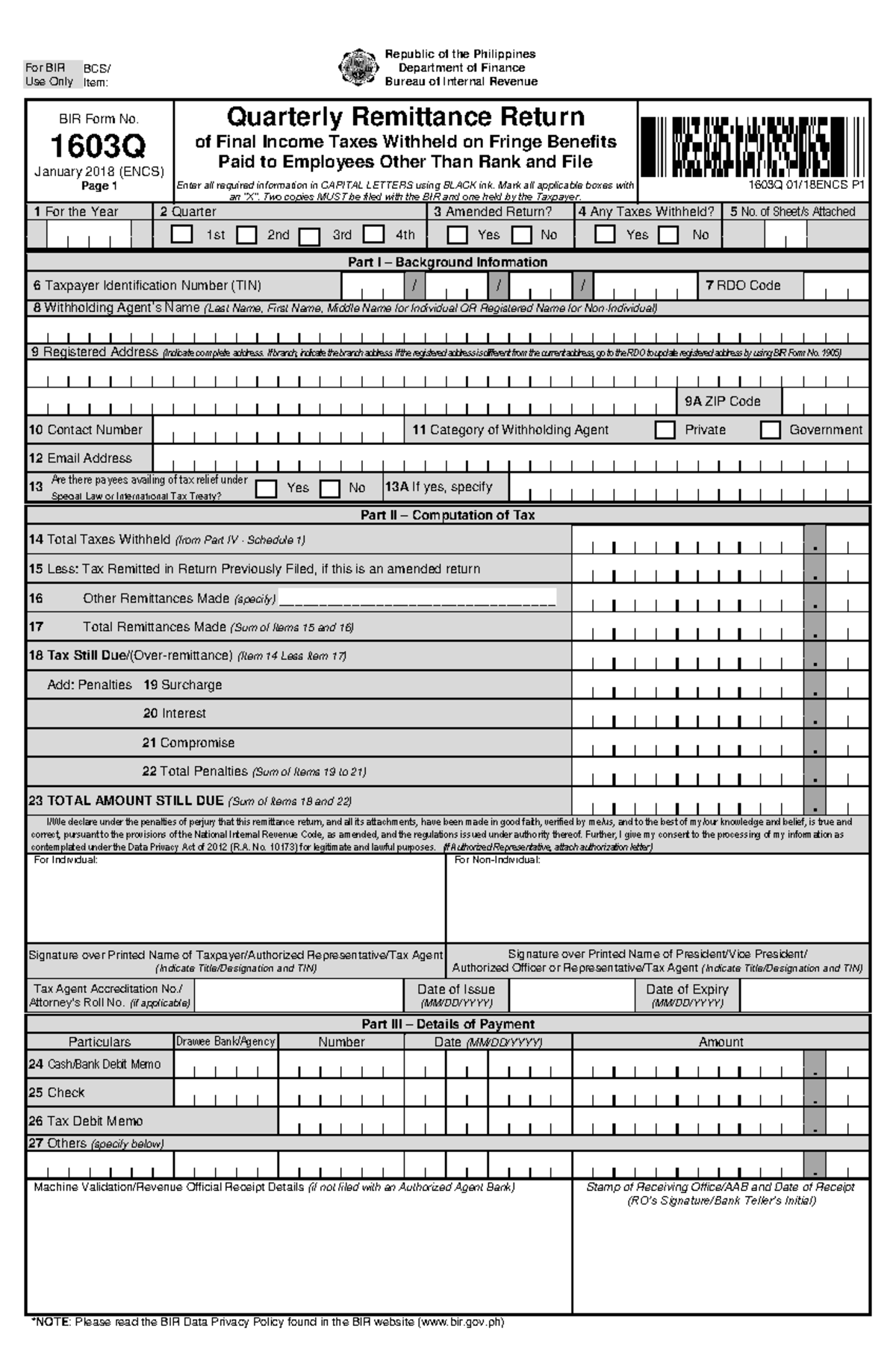 1603Q Jan 2018 final - BIR Form No. 1603Q January 2018 (ENCS) Page 1 ...
