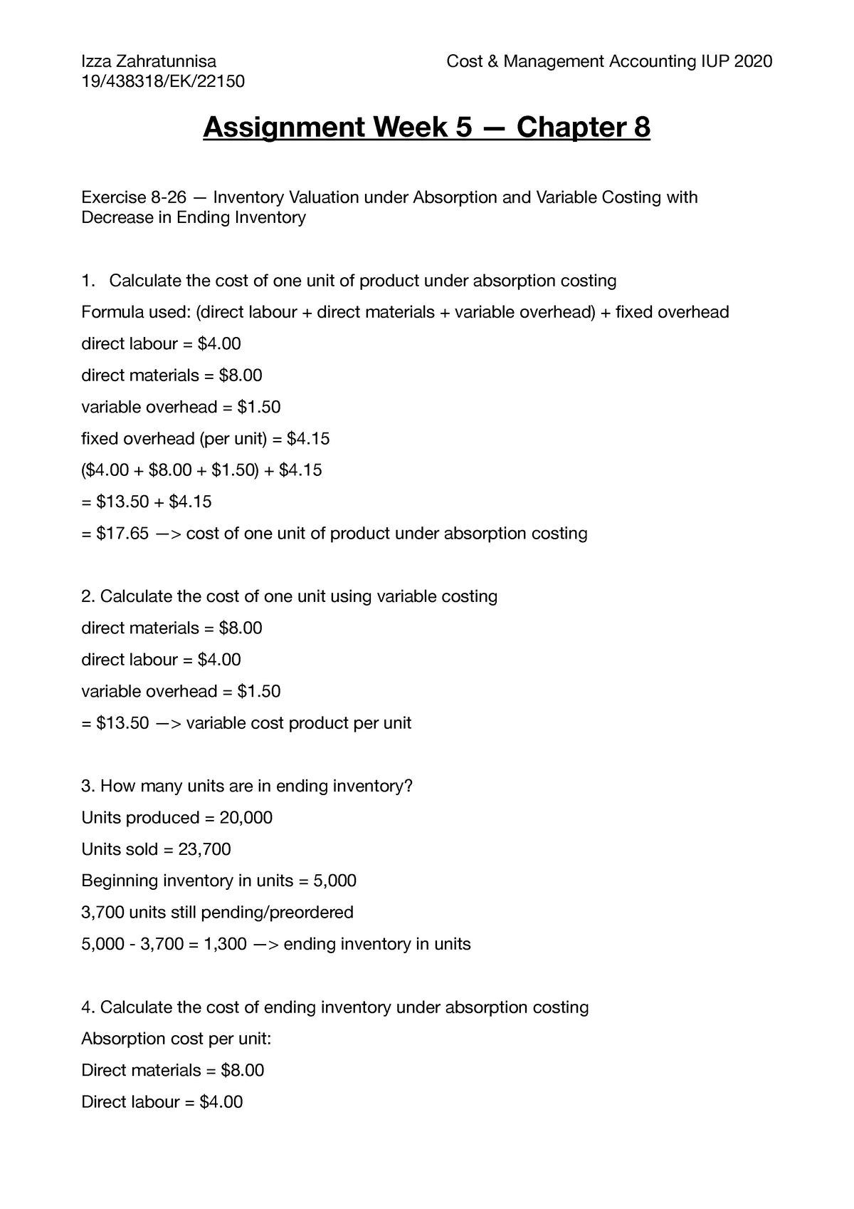 Assignment 4 - Chapter 8 - Izza Zahratunnisa 19/438318/EK/ Cost ...