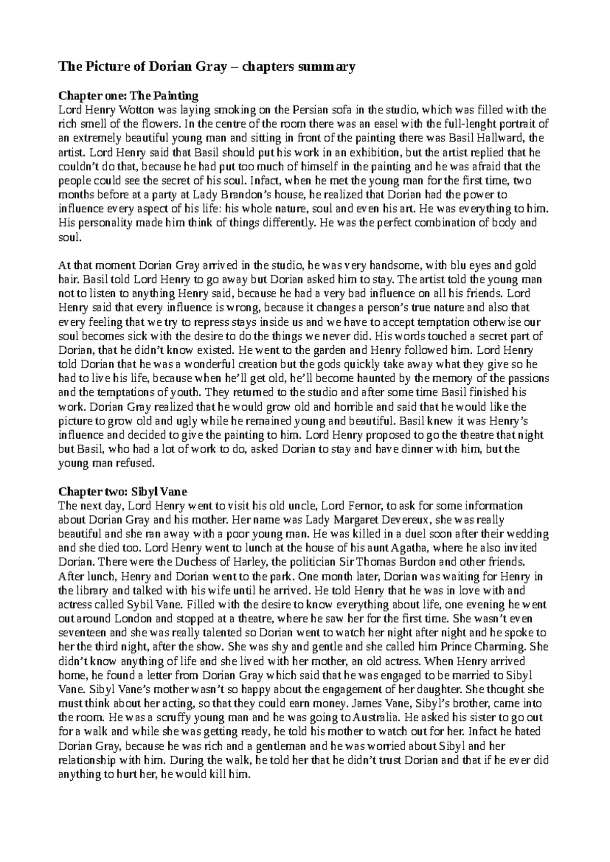 The picture of dorian gray - The Picture of Dorian Gray – chapters ...