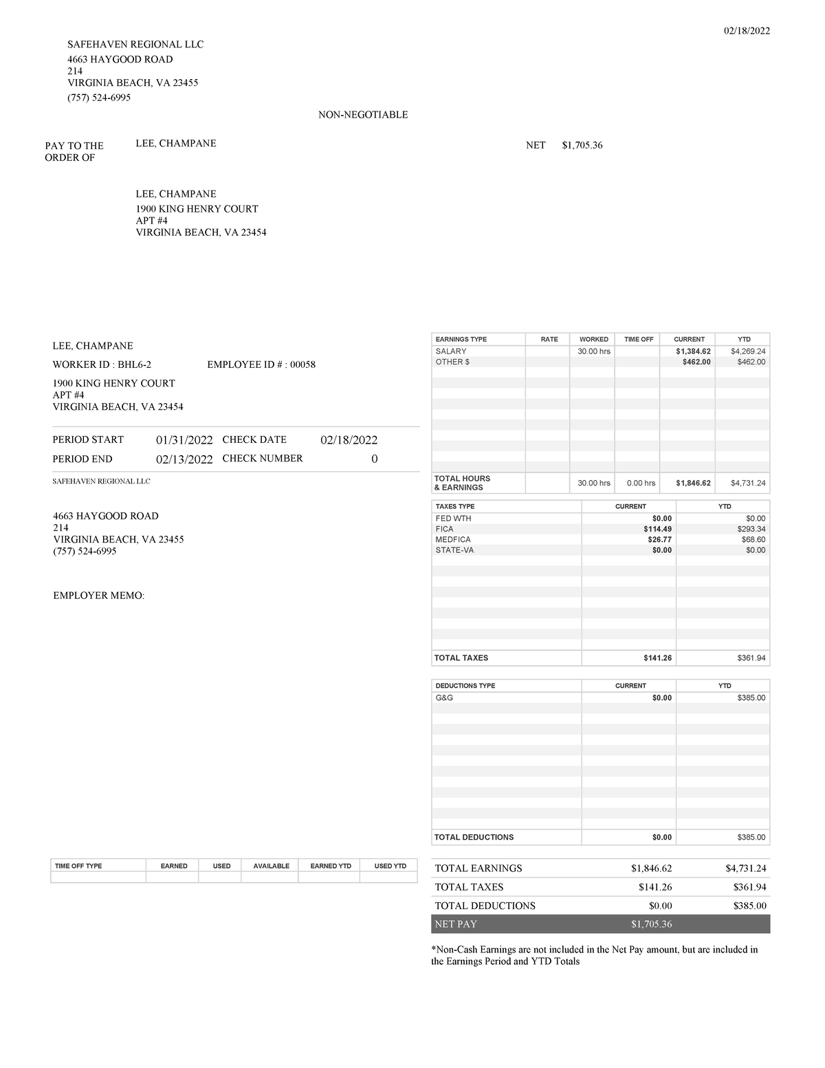 Pay Stub - Cfffff - 02 18  Safehaven Regional Llc 4663 Haygood Road 214 