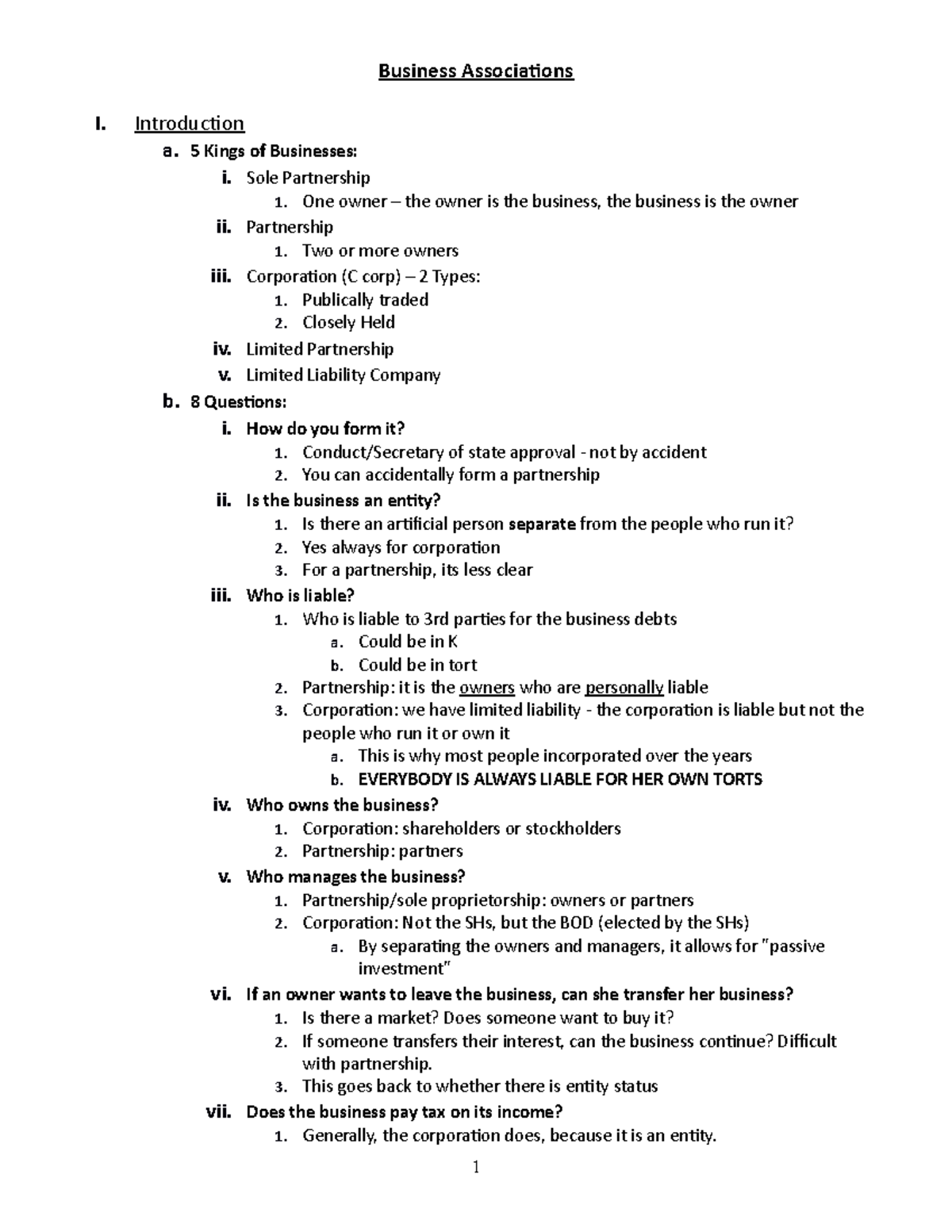 Business Associations: Introduction and Questions - Studocu