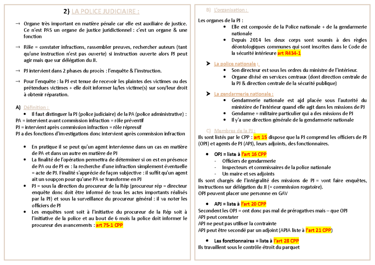 Fiche Police Judiciaire - B) L’organisation : Les Organes De La PJ ...