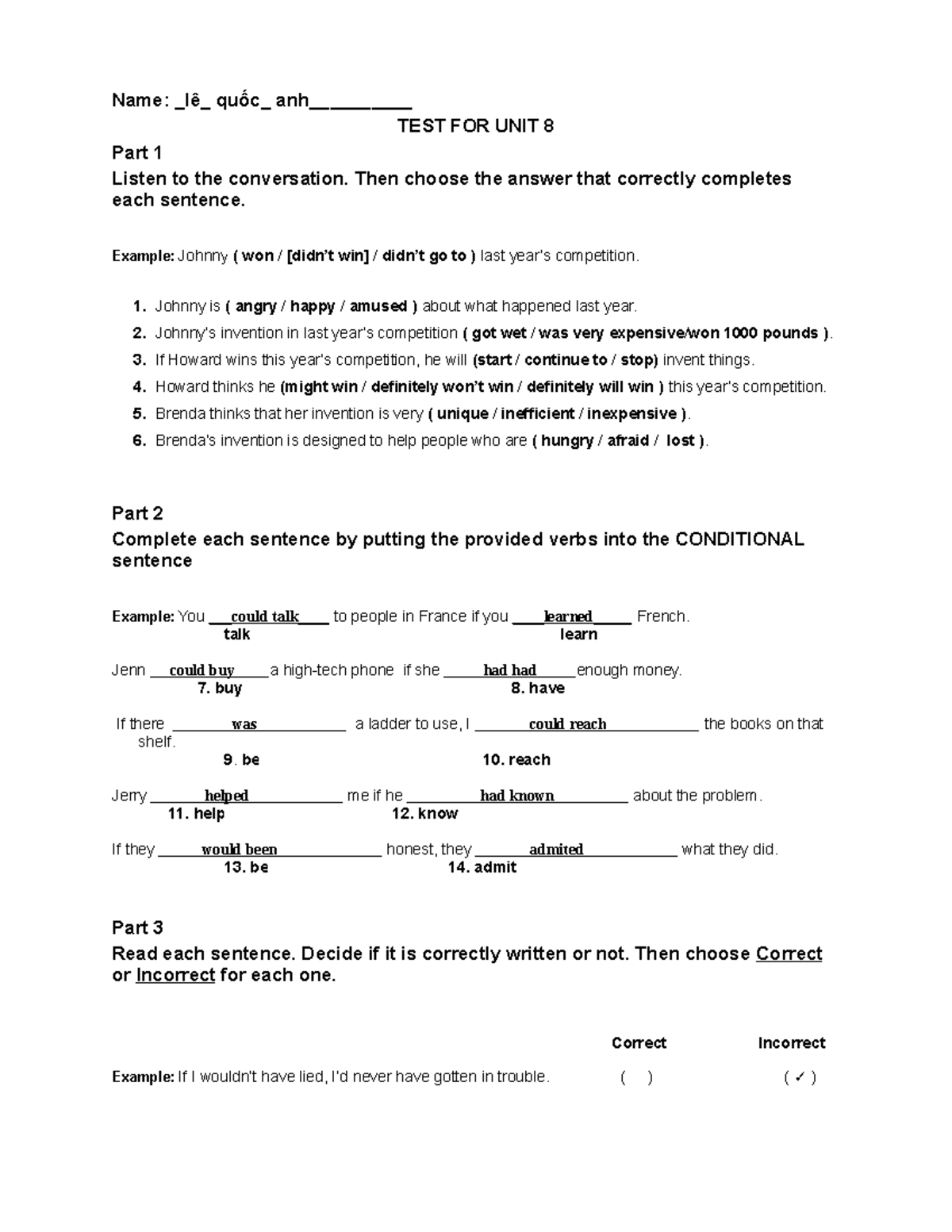 Unit Test 8 Programming Name Lãª Quá C Anh Test For Unit
