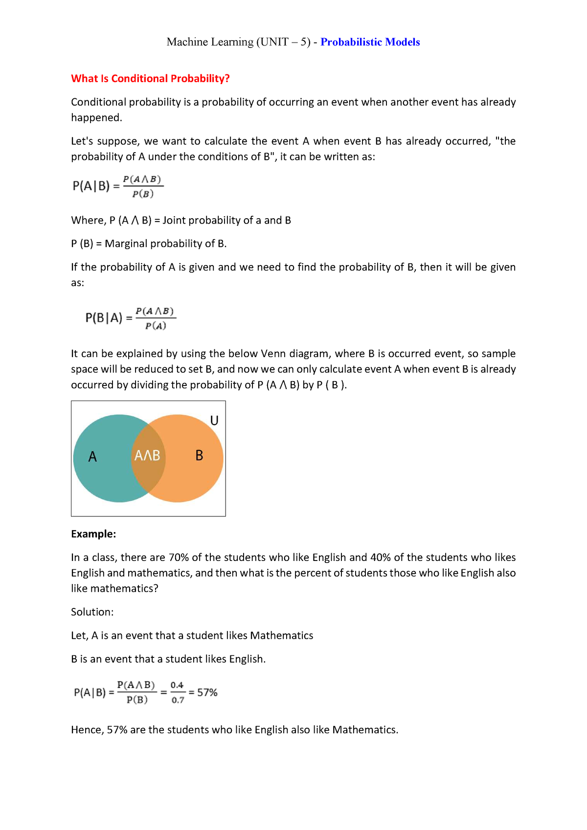 ML Unit-5 Notes - What Is Conditional Probability? Conditional ...