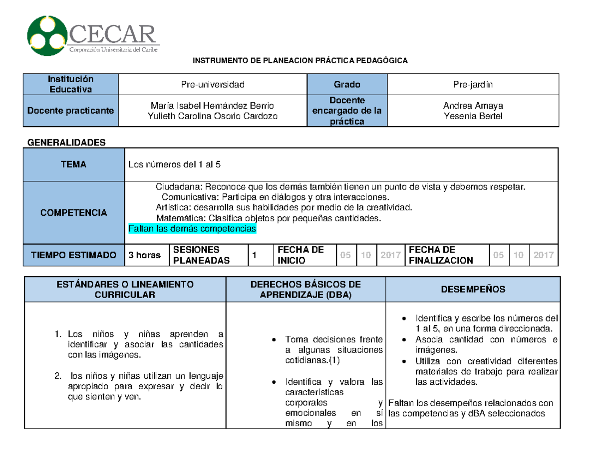 363573962 los numeros del 1 al 5 plan de clase - INSTRUMENTO DE