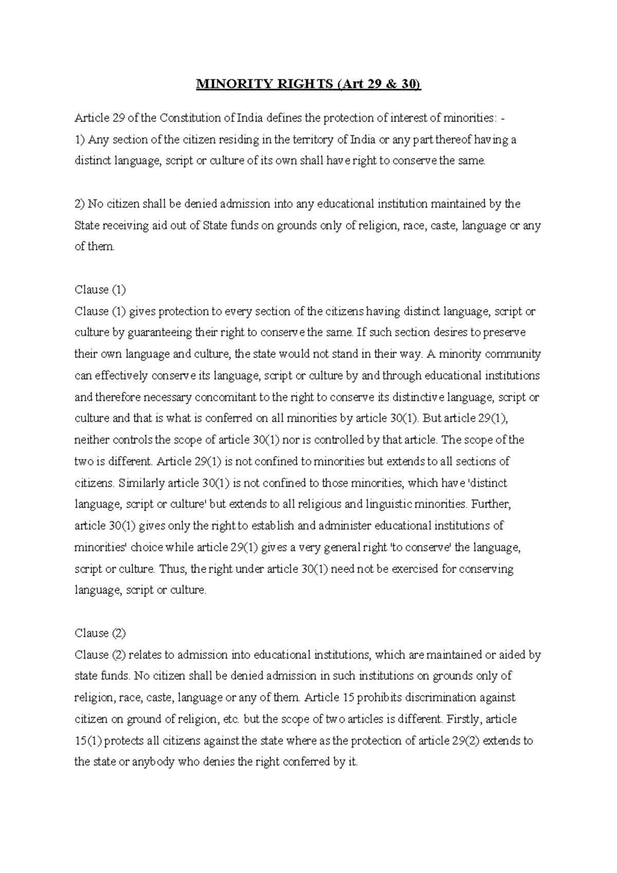 Minority Rights - Law notes - MINORITY RIGHTS (Art 29 & 30) Article 29 ...
