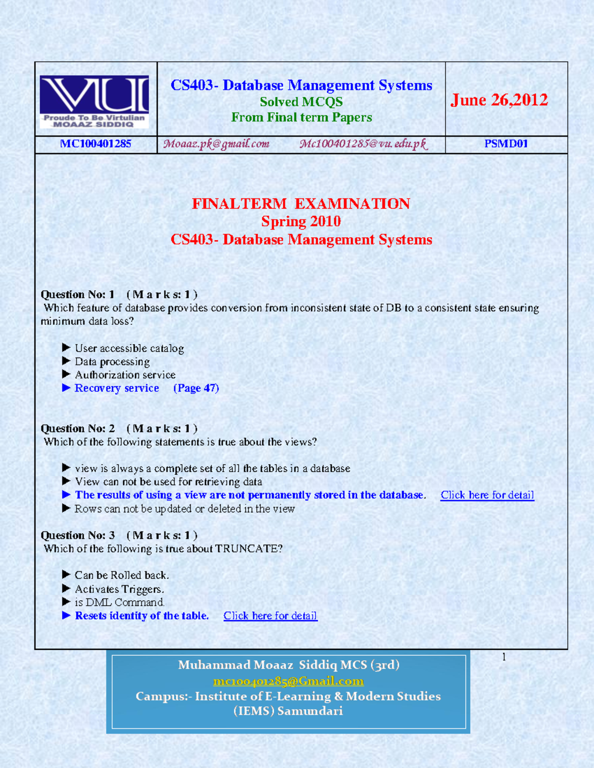 CS403- Finalterm Solved MCQS WITH References BY Moaaz - CS403- Database ...