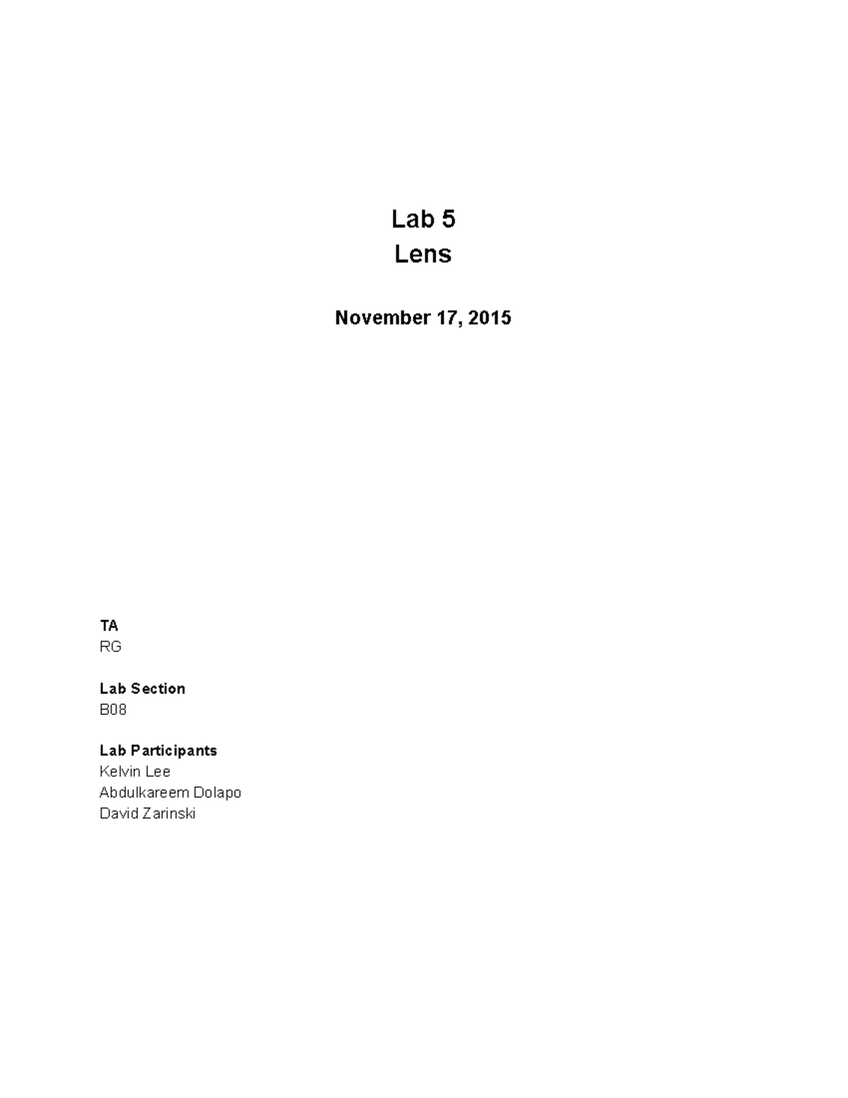 PHYS 369 Lab 5 Final Report - Lab 5 Lens November 17, 2015 TA RG Lab ...