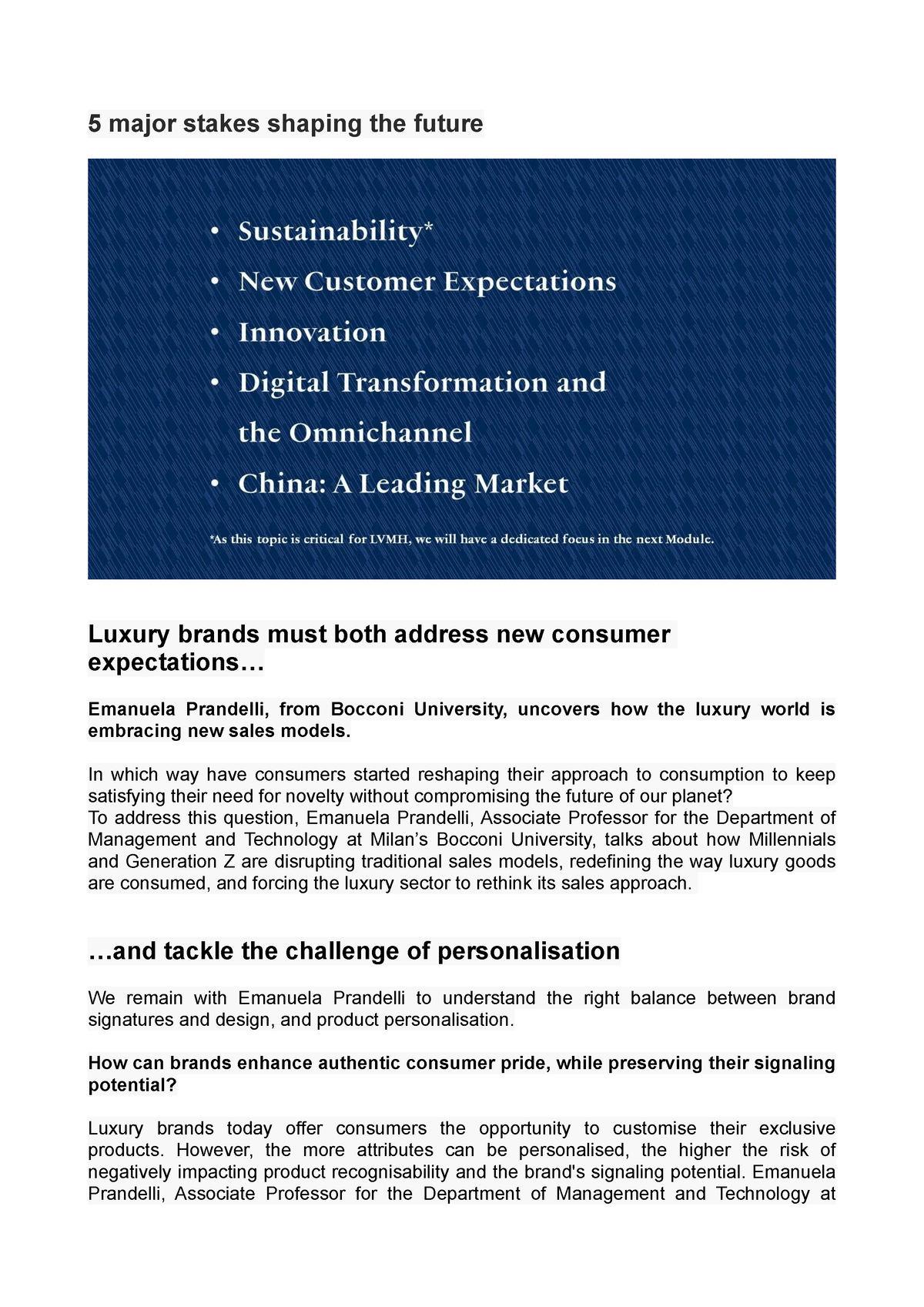 LVMH certificate Module 1 pt2 - 5 major stakes shaping the future Luxury  brands must both address - Studocu