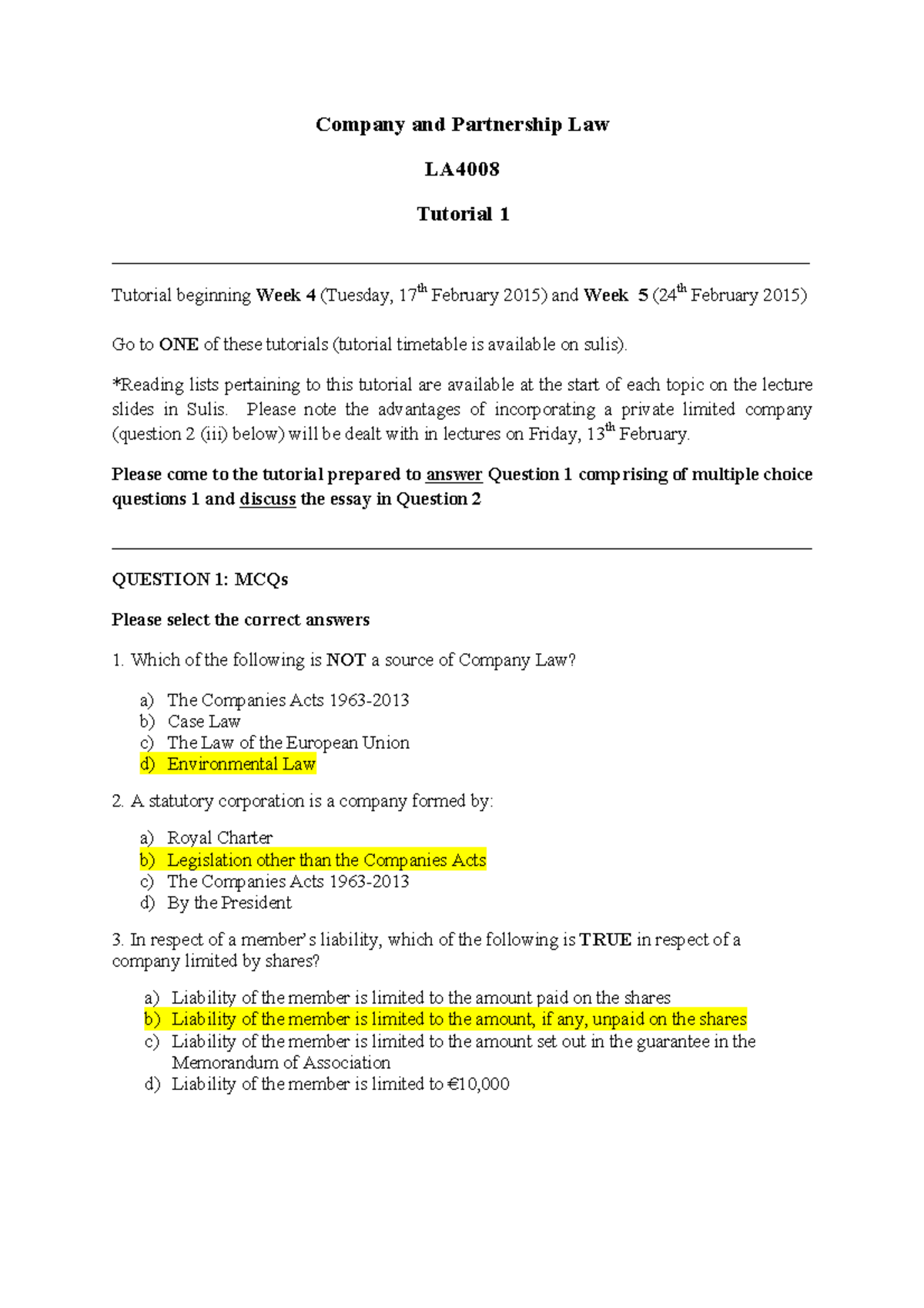 Multiple Choice Questions Company Partnership Law La4008 Ul Studocu
