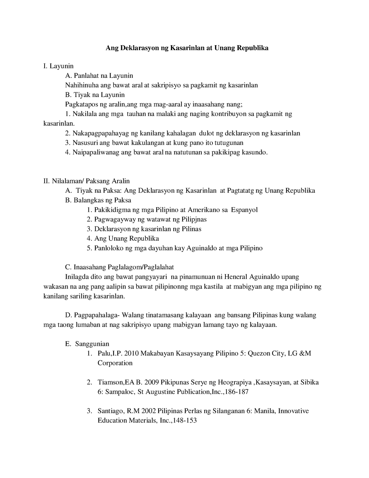 Araling Panlipunan 4 Detailed Lesson Plan Ang Deklarasyon Ng Kasarinlan At Unang Republika I 9184