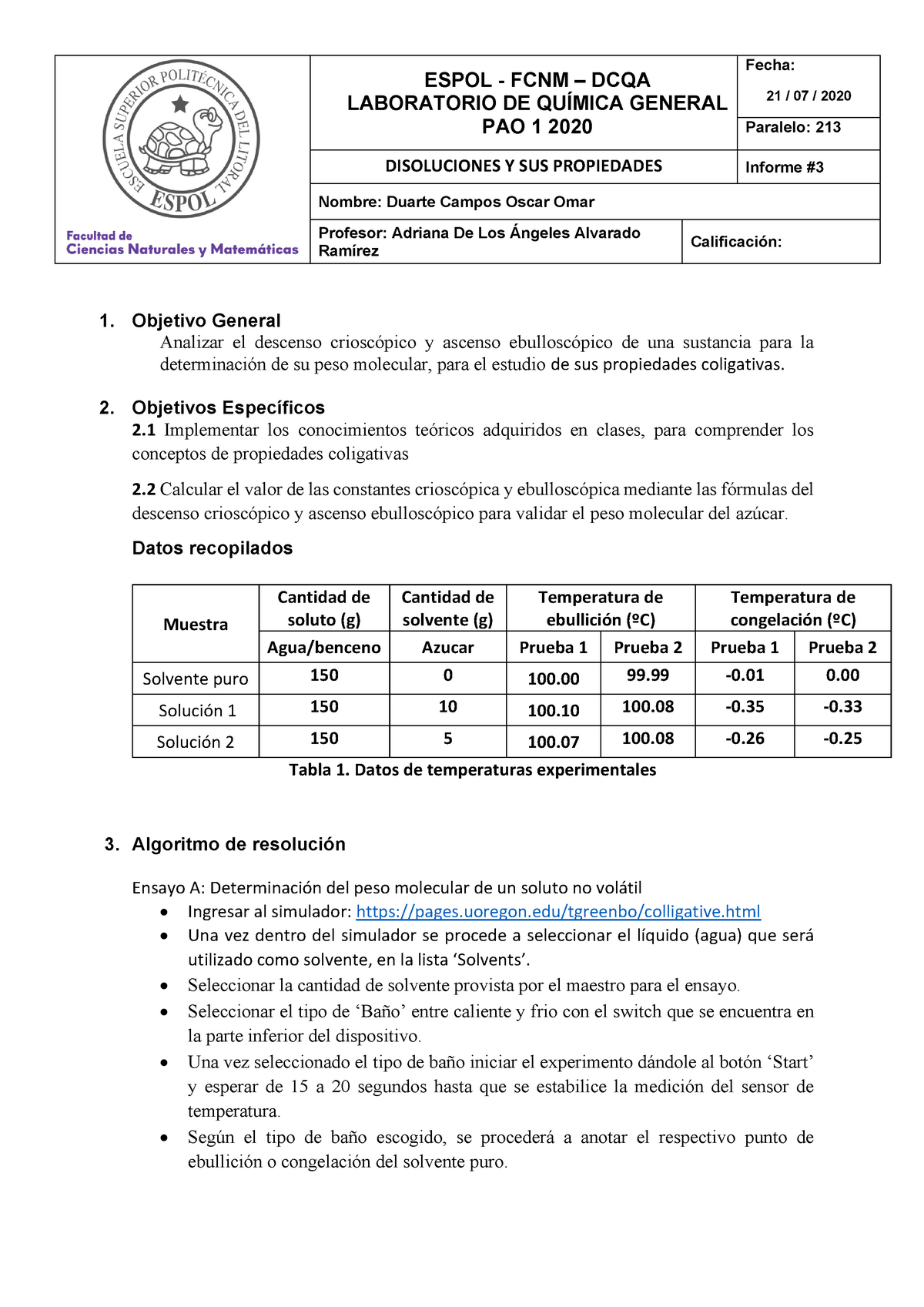 Informe 3 QUIMICA GENERAL AÑO 2020-2021 - ESPOL - FCNM – DCQA ...