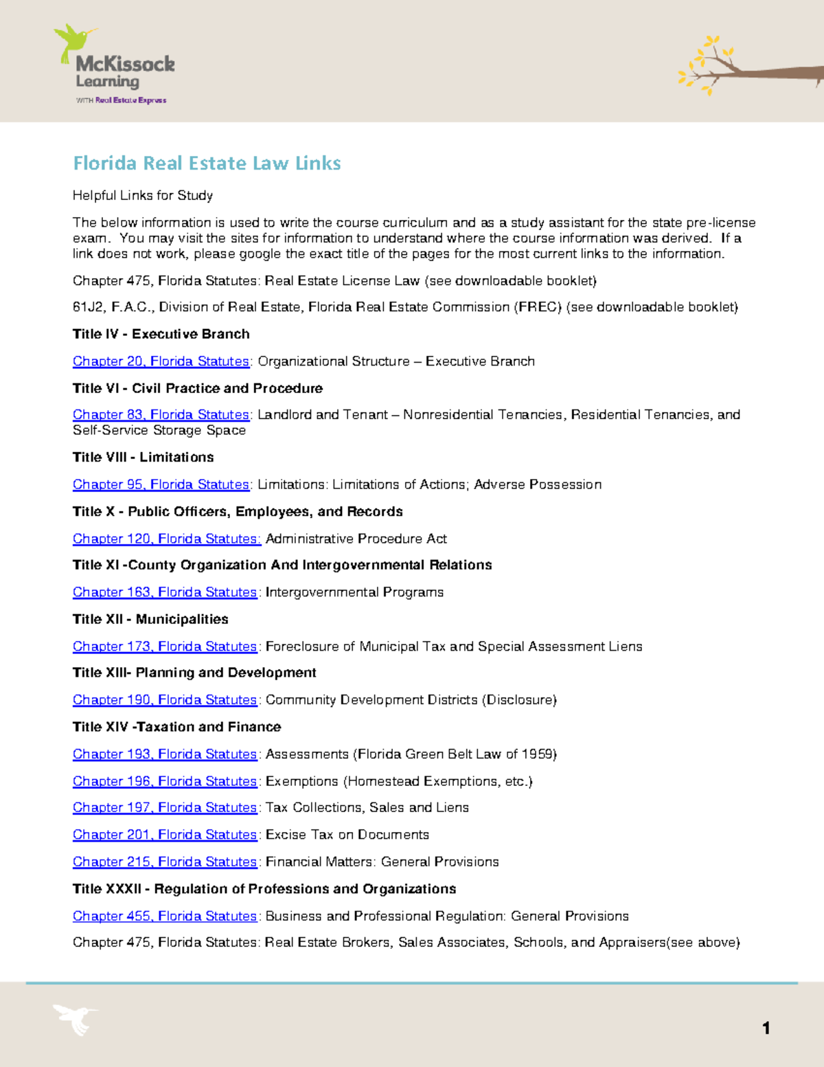 Florida Real Estate Law Links 9.7.18 Florida Real Estate Law Links