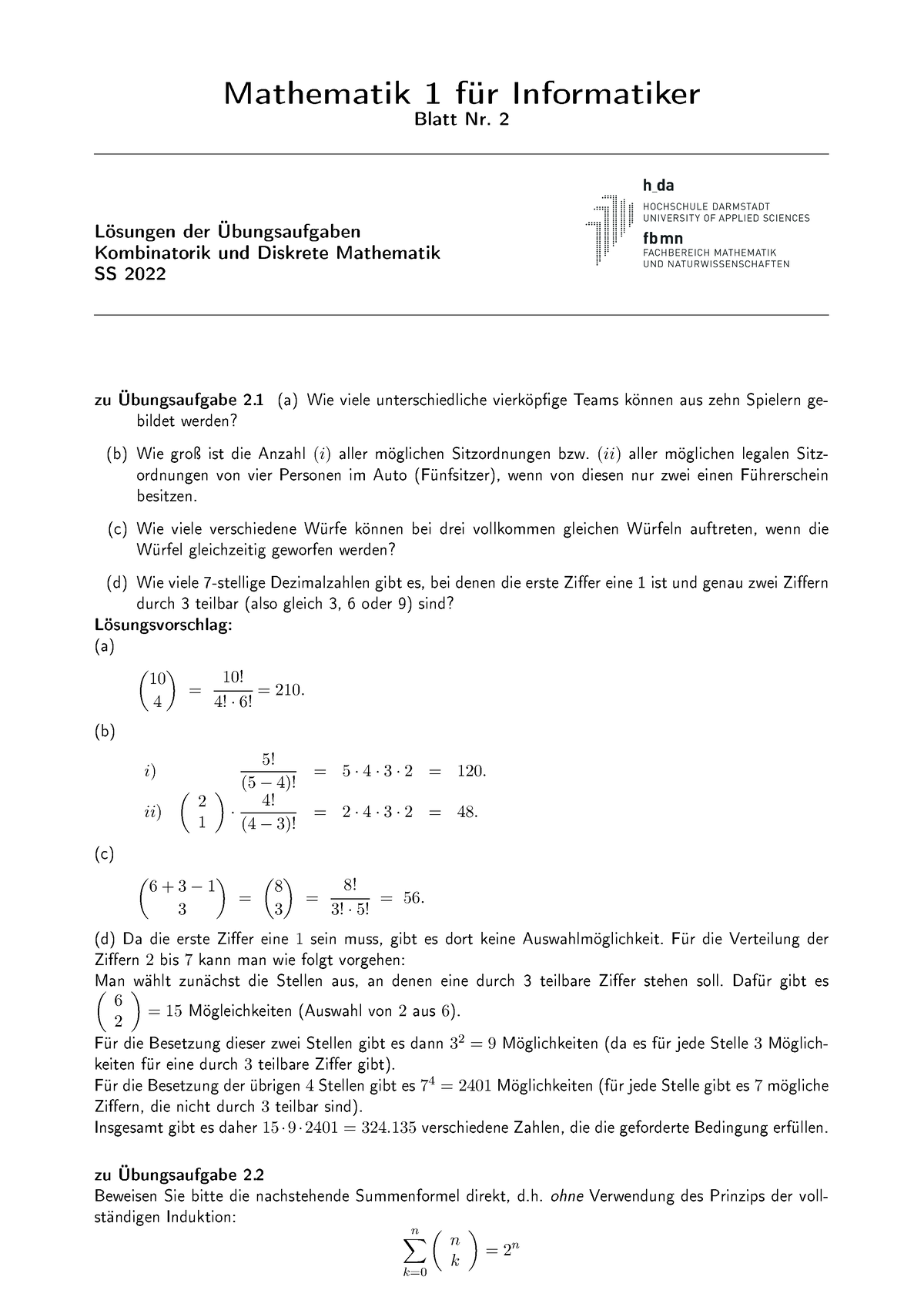 Blatt 2 Loesung Uebungen - Mathematik 1 Für Informatiker BlattNr. 2 ...