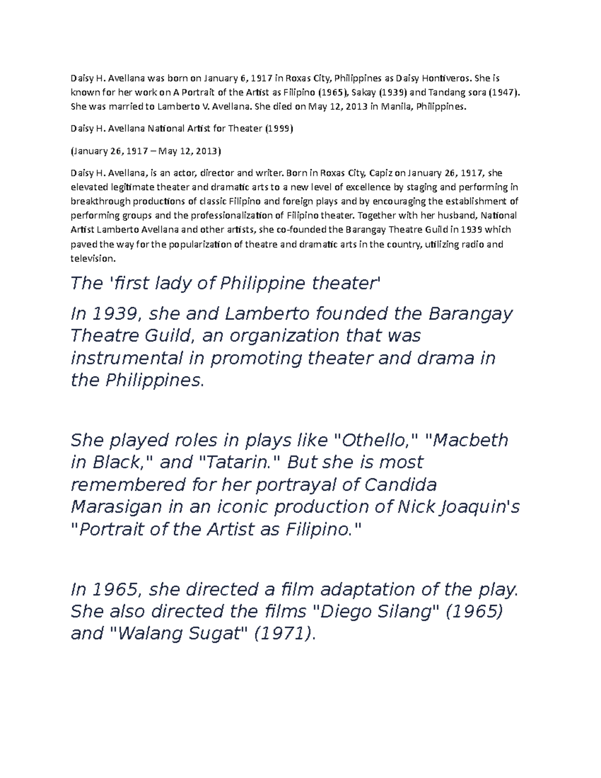 Daisy Avellana fghjk Daisy H. Avellana was born on January 6, 1917