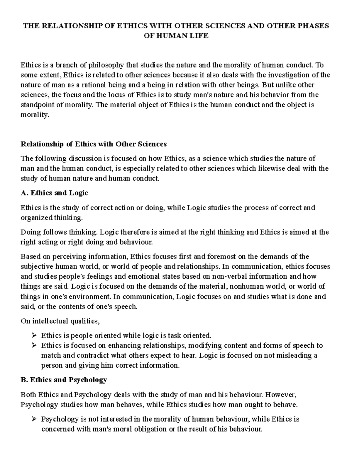 Ethics reviewer chapter 3 - THE RELATIONSHIP OF ETHICS WITH OTHER ...