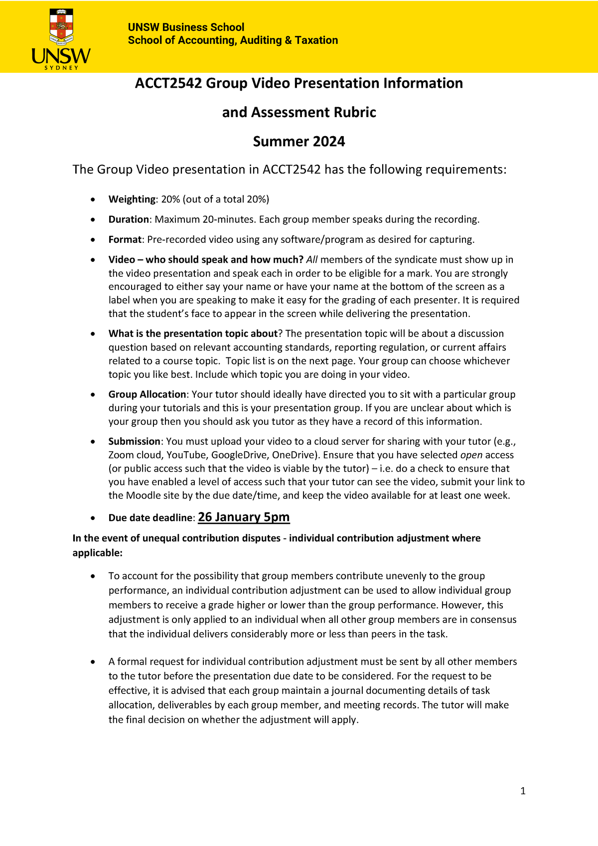 ACCT2542 Group Video Presentation Assessment Information and Rubric Summer 2024 UNSW Business