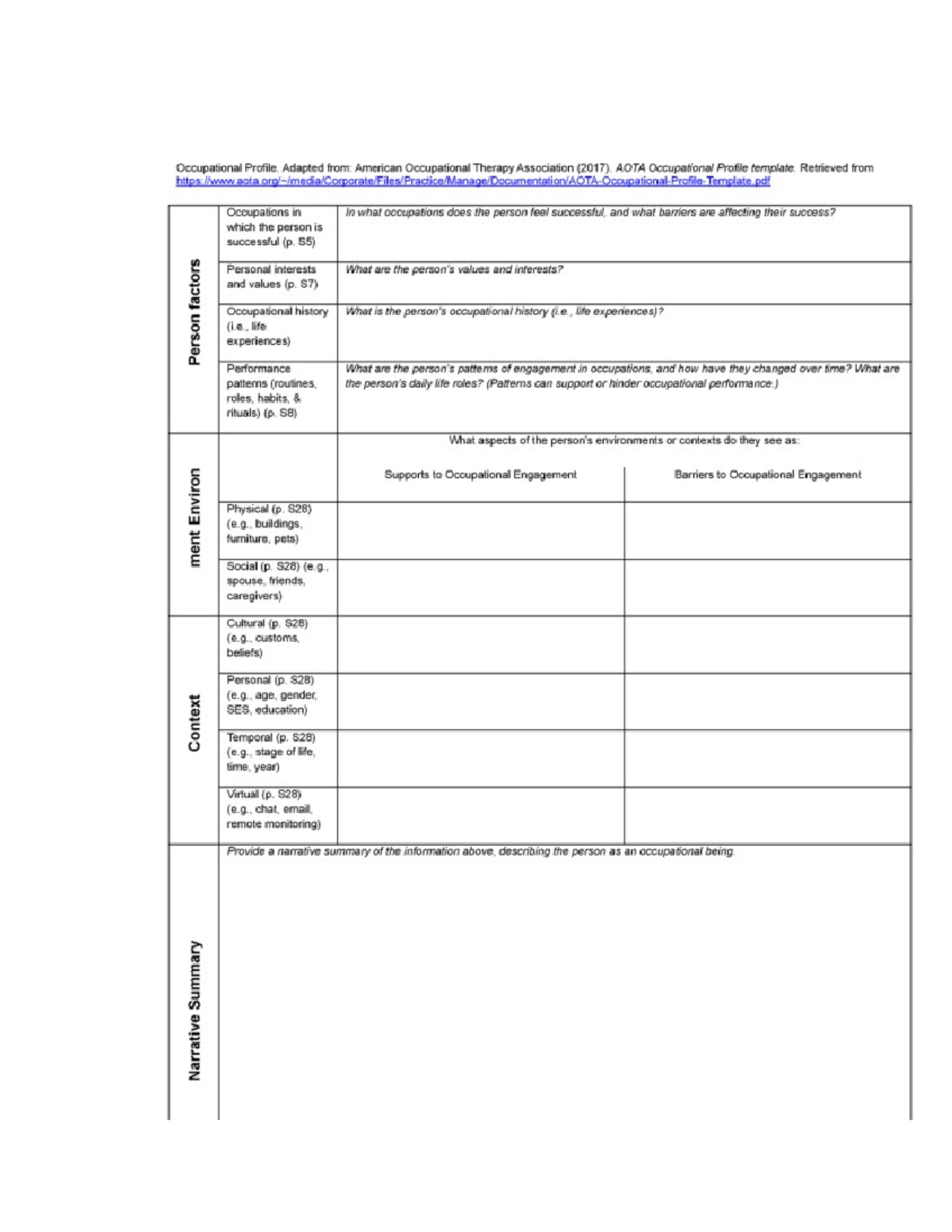 Old AOTA Occupational Profile Form OTA 106 Studocu