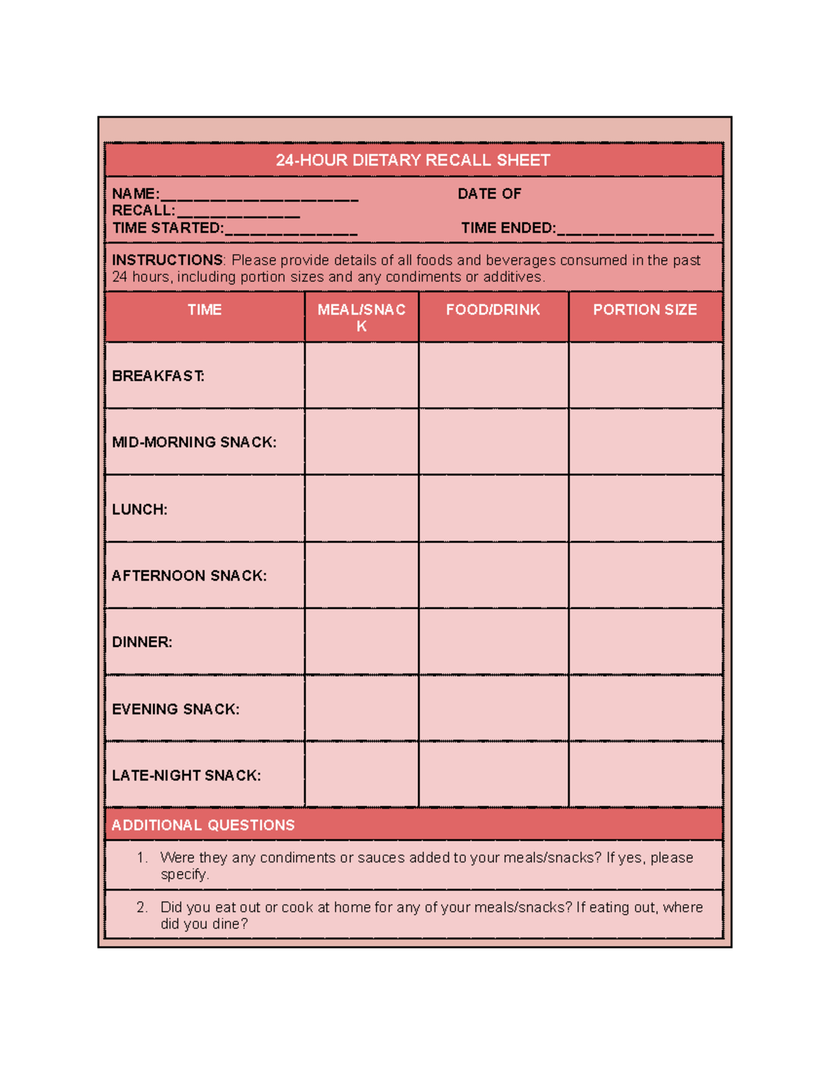 Cabandi 24 HOUR FOOD Recall 24 HOUR DIETARY RECALL SHEET NAME 