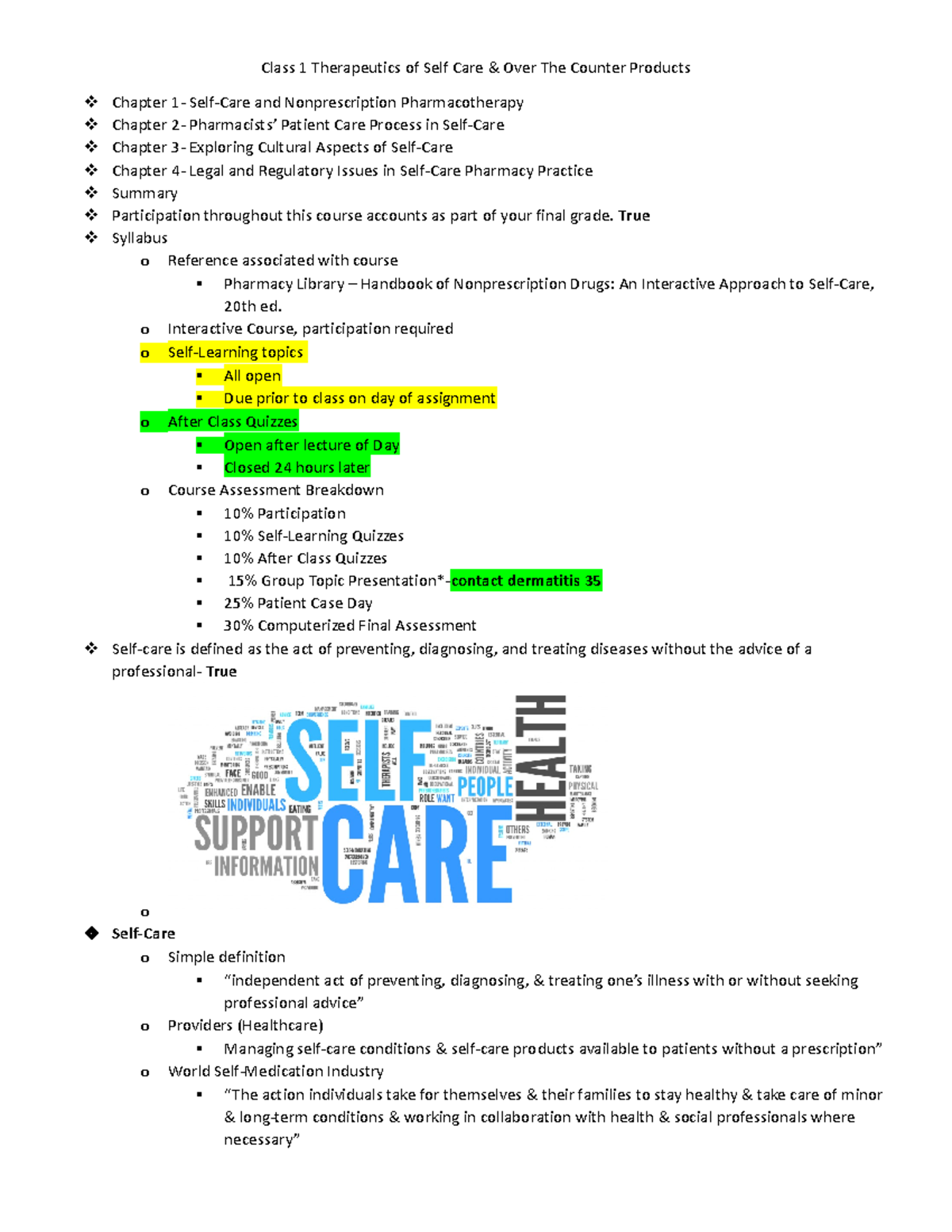 Study Guide OTC - Class 1 Therapeutics of Self Care & Over The Counter ...
