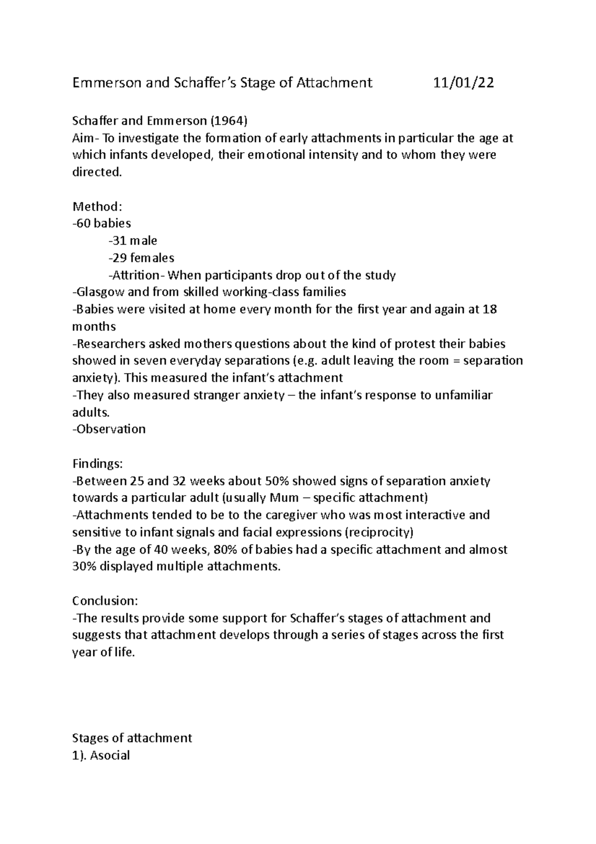Emmerson and Schaffer's Stages of Attachment 11 - Method: -60 babies ...