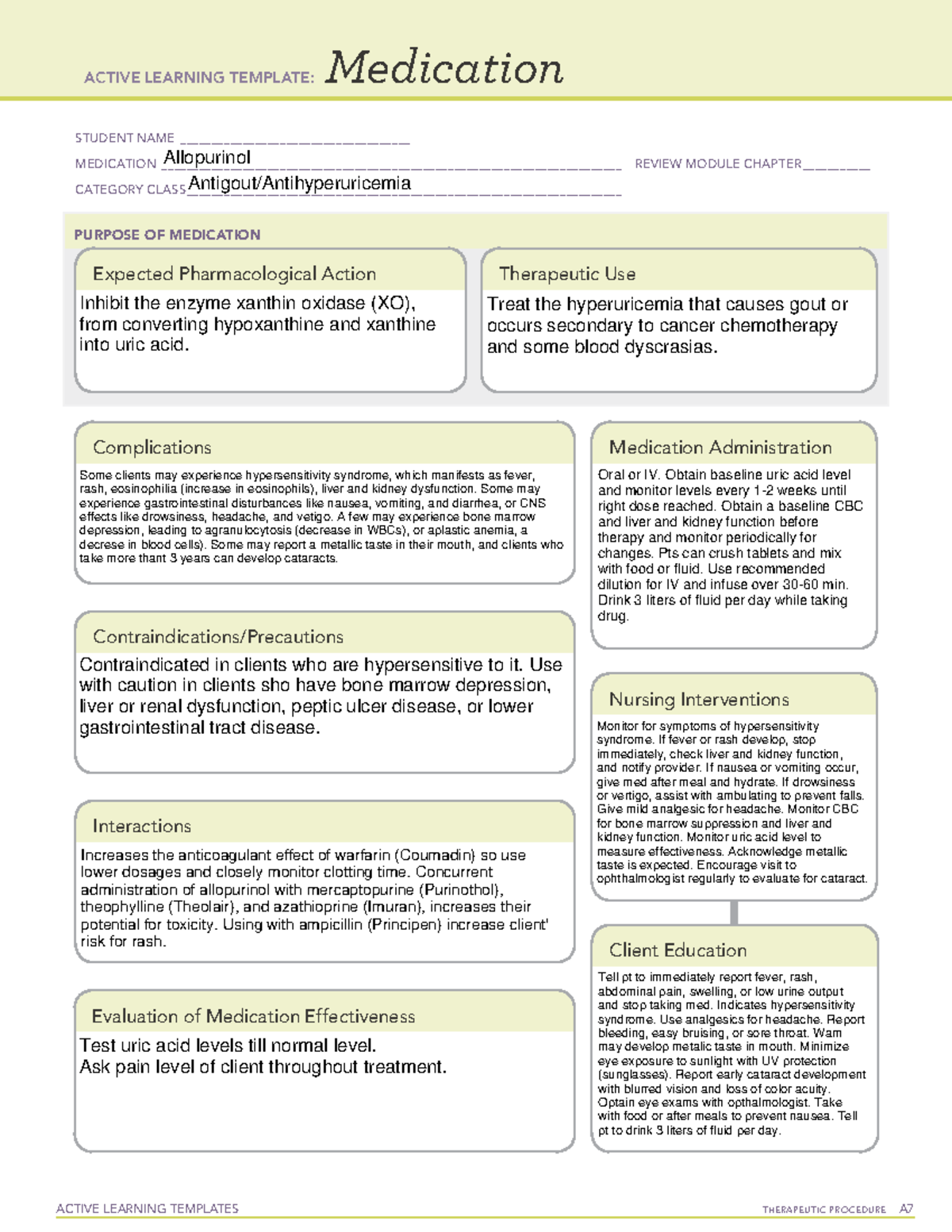 Allopurinol - med sheet - ACTIVE LEARNING TEMPLATES THERAPEUTIC ...