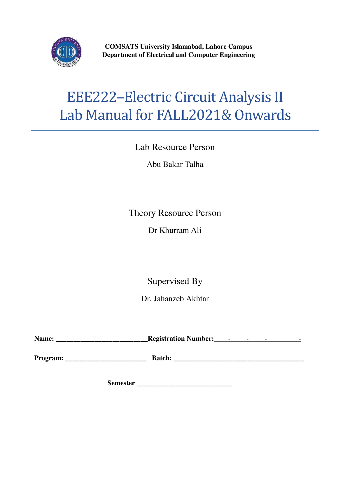 ECA II Lab Manual FA21 COMSATS University Islamabad Lahore