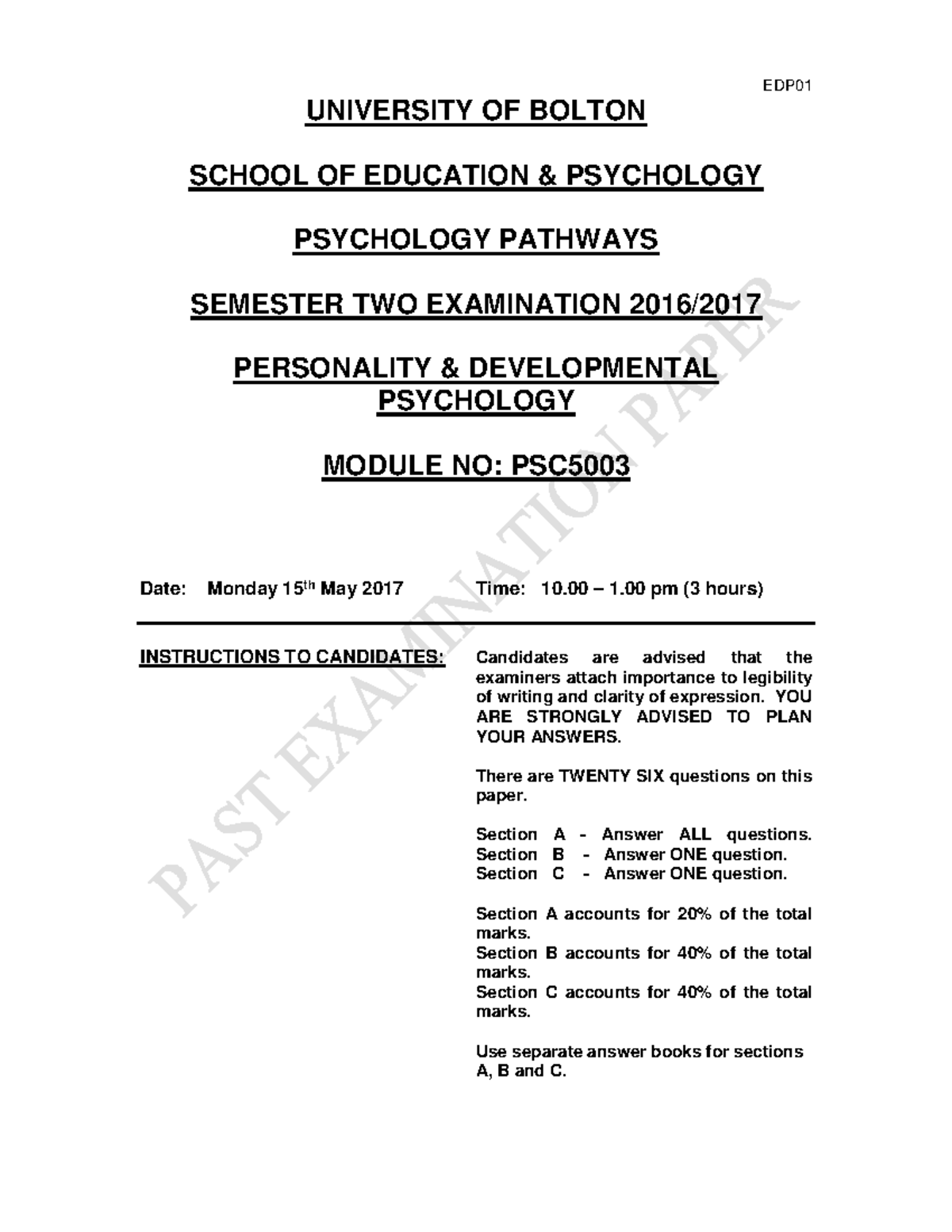 Exam May 2017, questions - EDP UNIVERSITY OF BOLTON SCHOOL OF EDUCATION ...