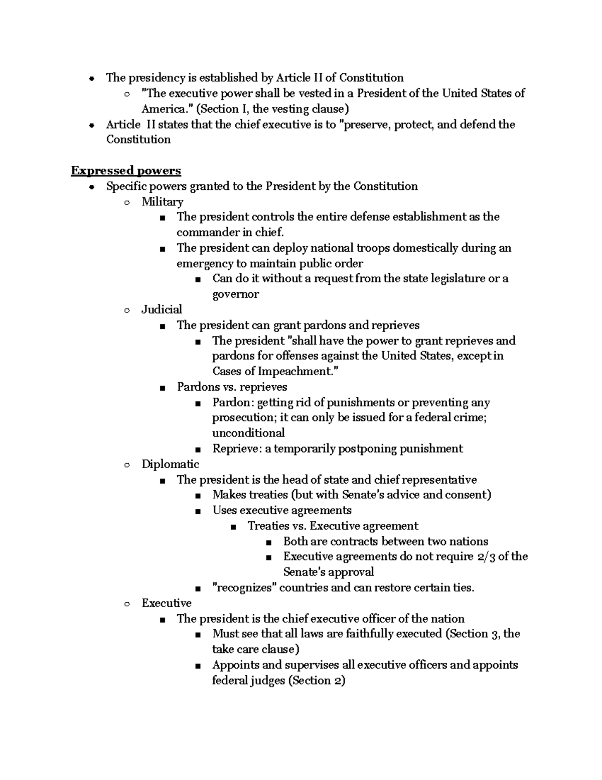 The Presidency - " (Section I, The Vesting Clause) Article II States ...