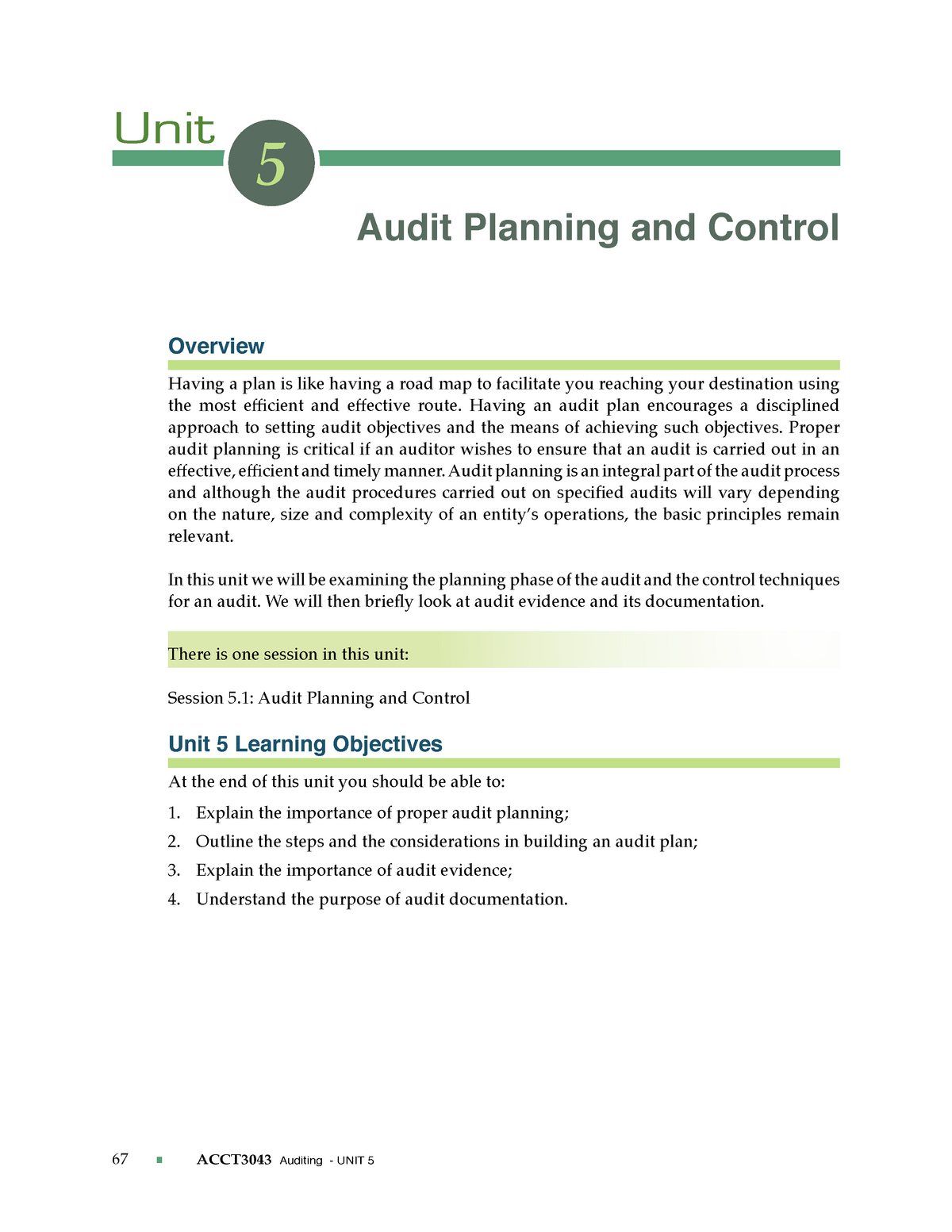 ACCT3043 Unit 5 - Lecture notes 5 - Audit Planning and Control Overview ...