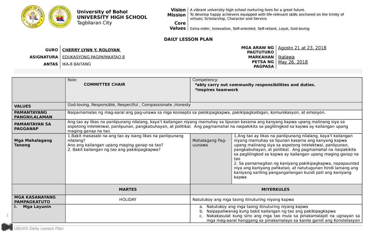 Week 10 A Lesson Plan For Edukasyon Sa Pagpapakatao 1 Daily Lesson Plan Guro Cherry Lynn Y 2390