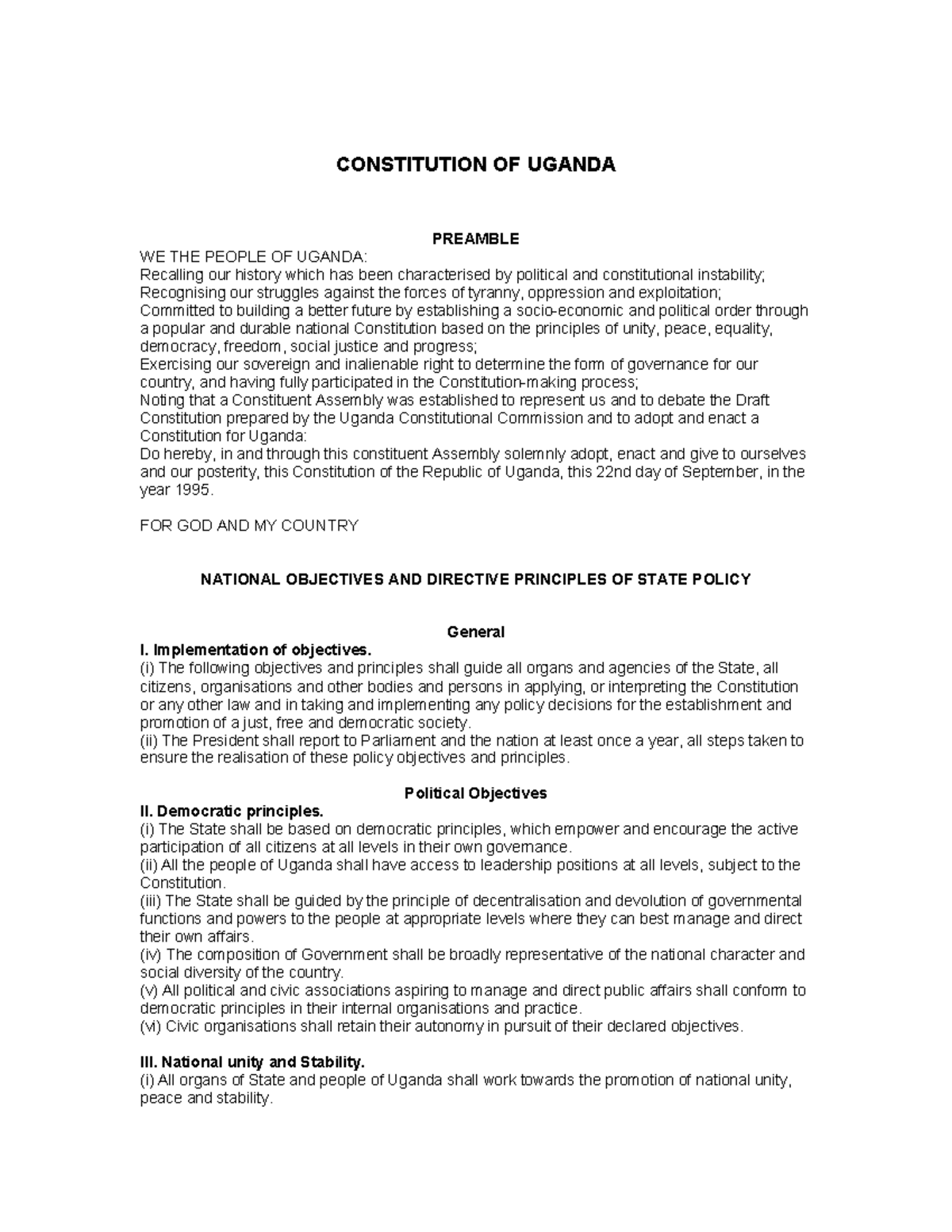 Constitution OF REPUBLIC OF UGANDA AS AMENDED 1995 1995 19995 - - Studocu