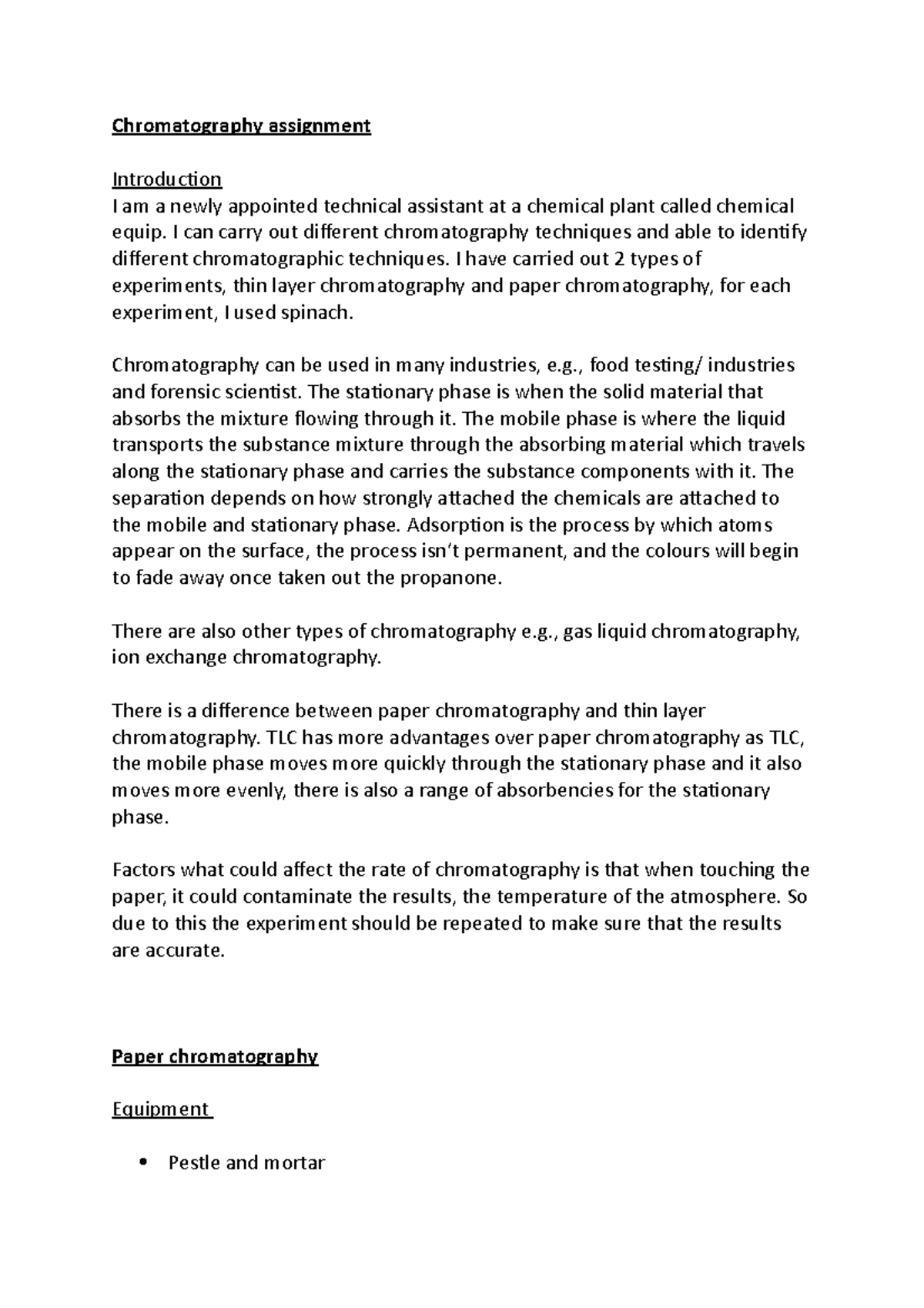 Chromatography assignment - Chromatography assignment Introduction I am ...