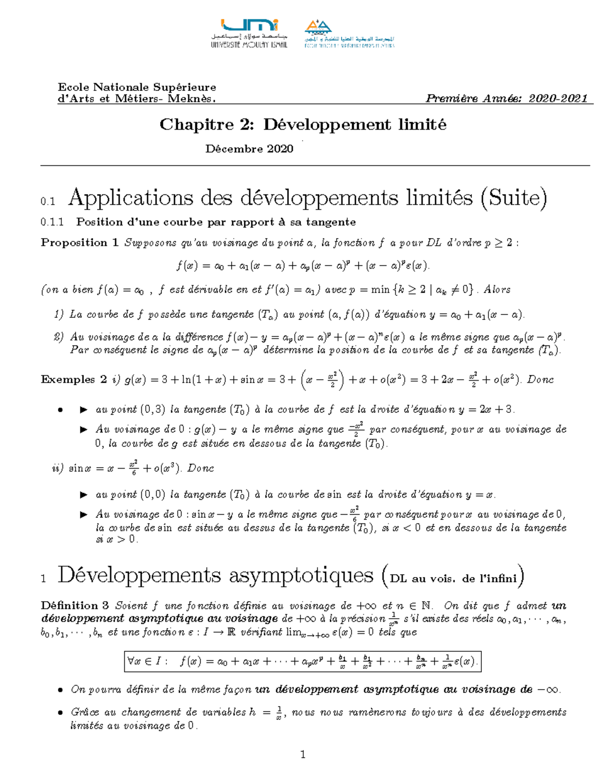 Développement limité Séance 4 S1 - Ecole Nationale SupÈrieure díArts et ...
