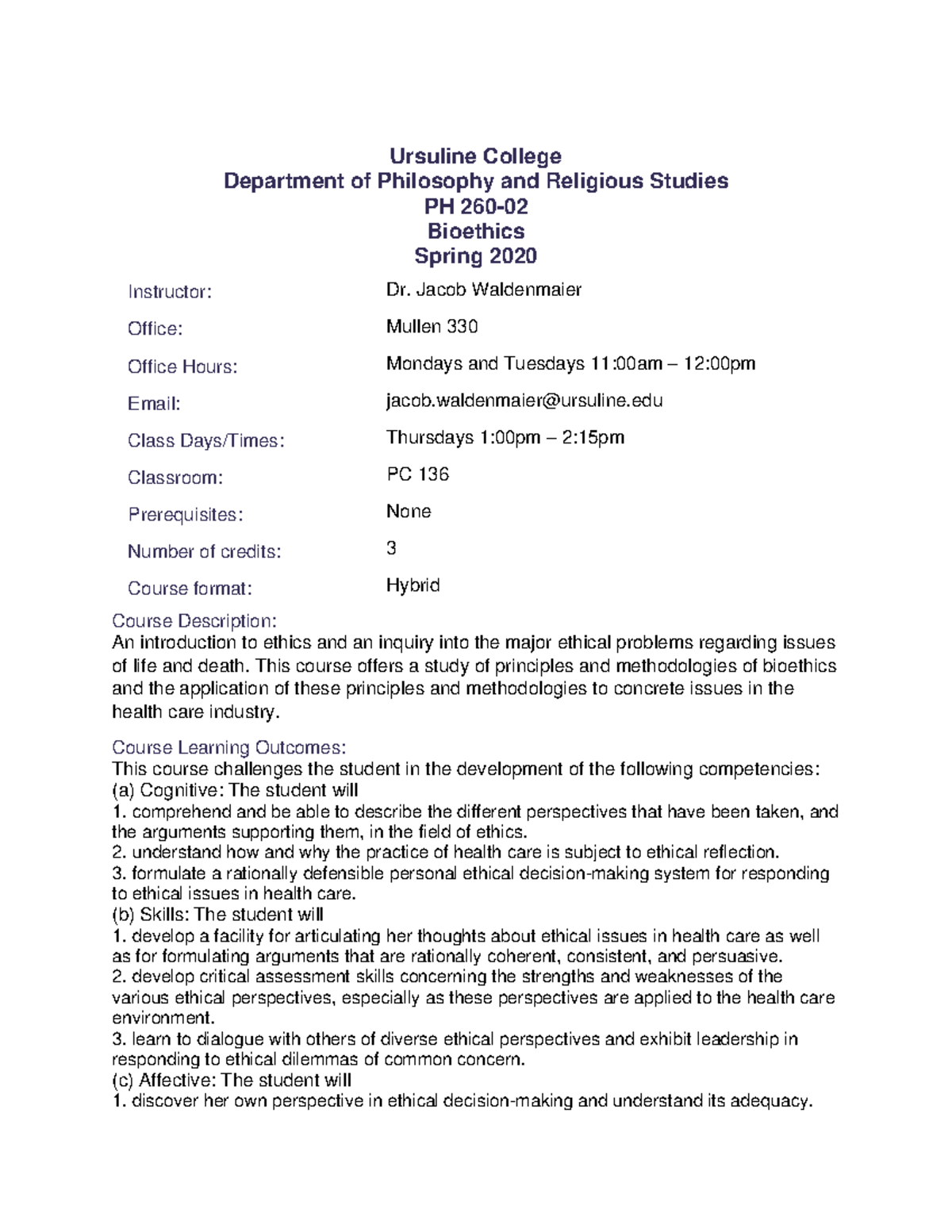 Bioethics Syllabus Ursuline College Department Of Philosophy And