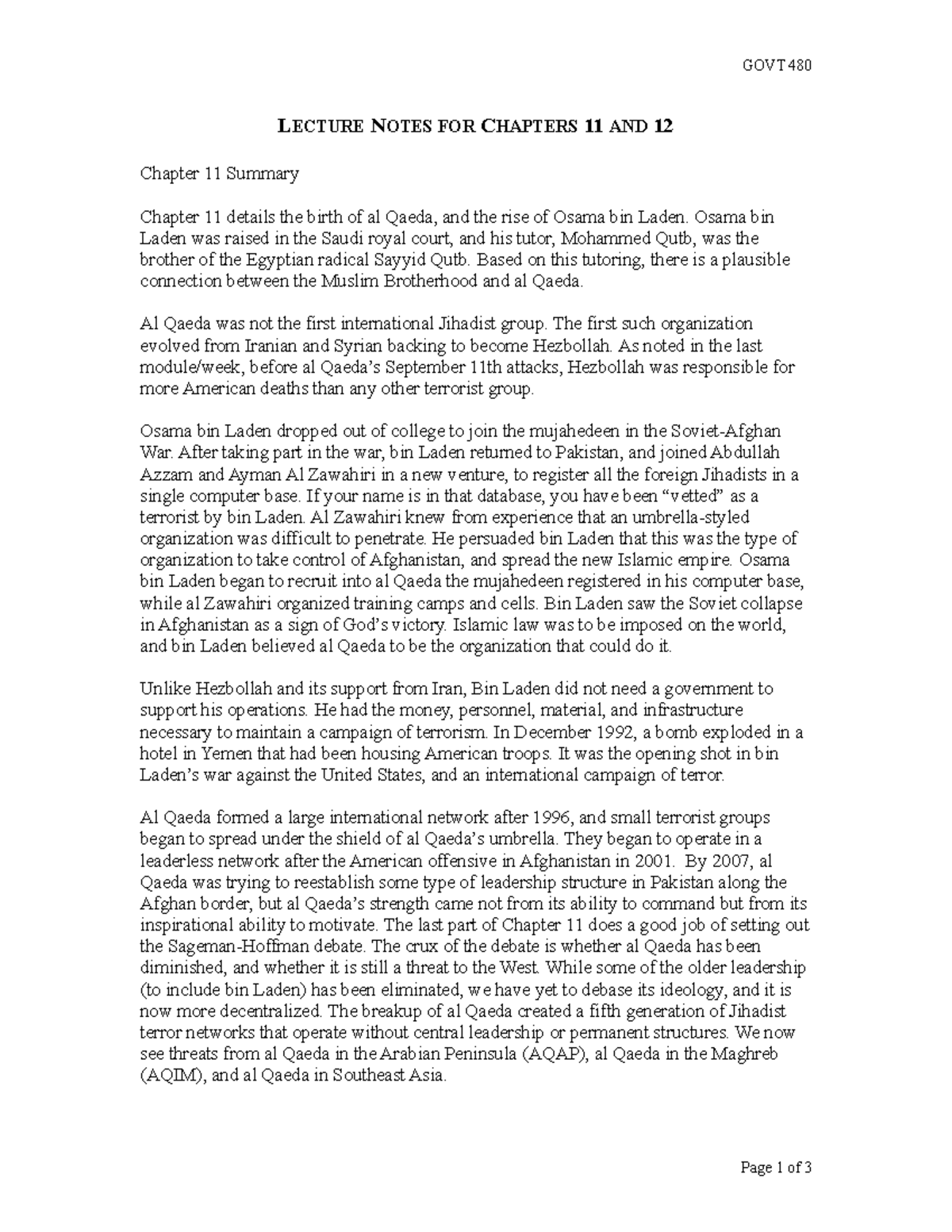 Module Week 6 Lecture Notes - GOVT 480 LECTURE NOTES FOR CHAPTERS 11 ...